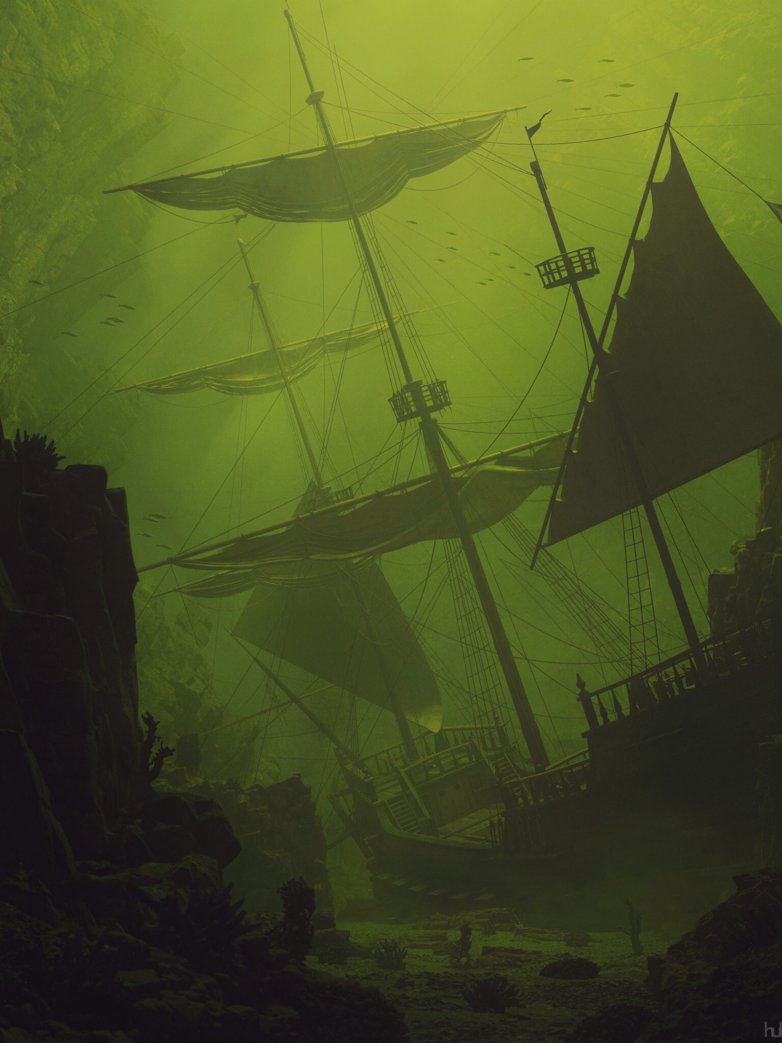 Ghost Ship: Reported reappearing fully aflame to foretell of impending disaster. 1540x2050 HD Background.