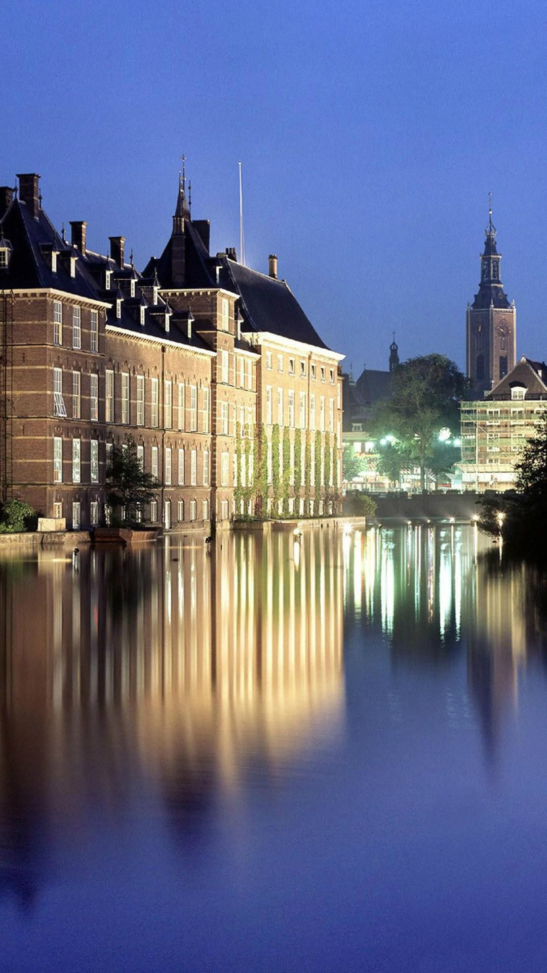 The Hague, Grand building, Night, Riverbank, 1080x1920 Full HD Phone