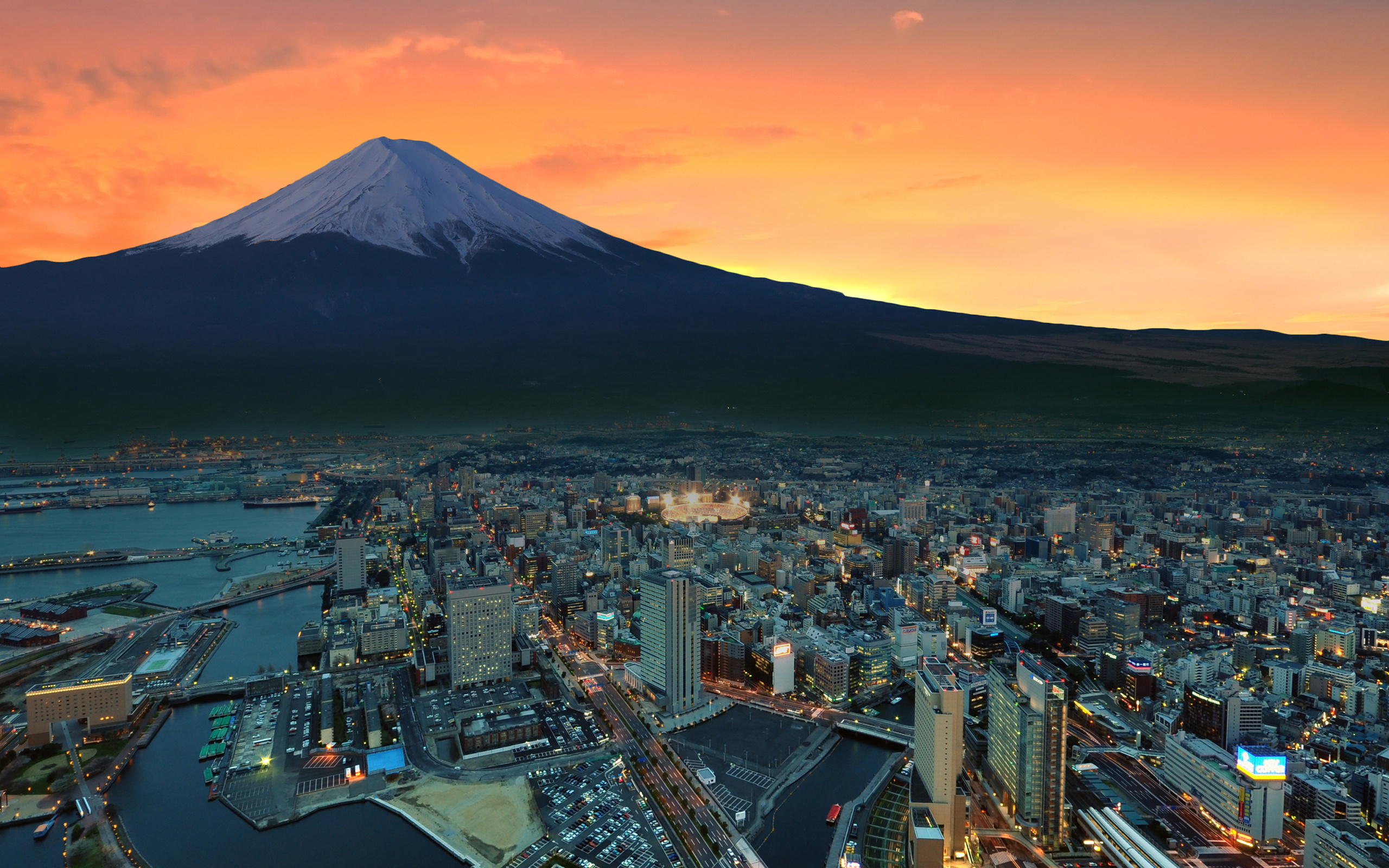 Mount Fuji snowy peak, Sunset city, HD wallpapers, Travels, 2560x1600 HD Desktop