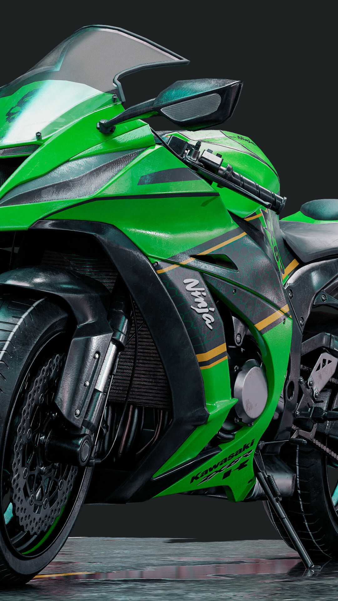 Kawasaki Ninja ZX: ZX10R, Originally released in 2004 and has been updated and revised throughout the years. 1080x1920 Full HD Background.