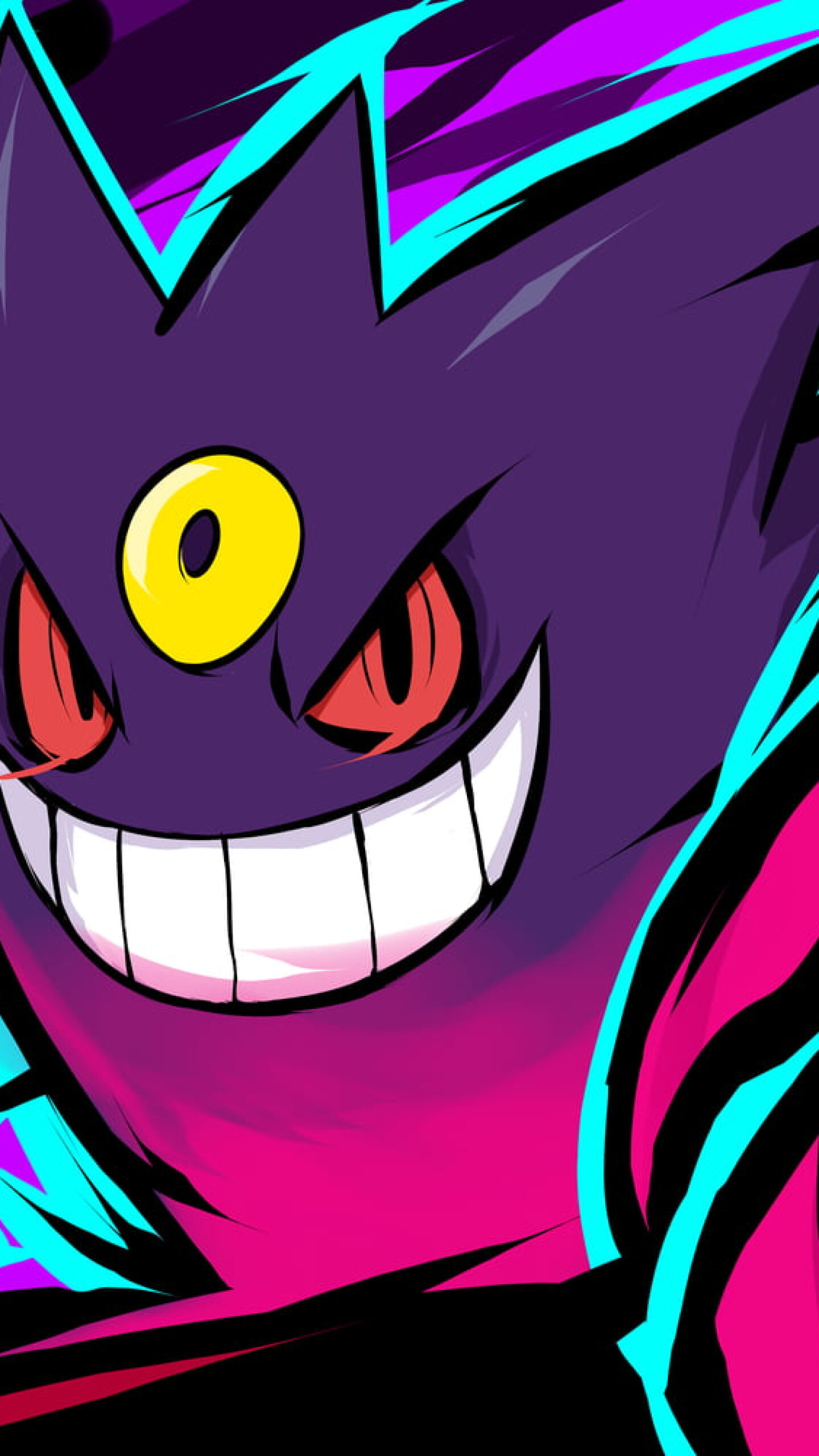Gengar: Ghost and Poison type with access to Ghost, Poison, Fighting, and Dark type moves. 1440x2560 HD Background.