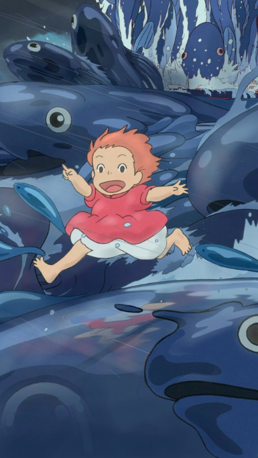 Studio Ghibli: Ponyo, a goldfish who escapes from the ocean and is rescued by a five-year-old human boy. 1080x1920 Full HD Background.