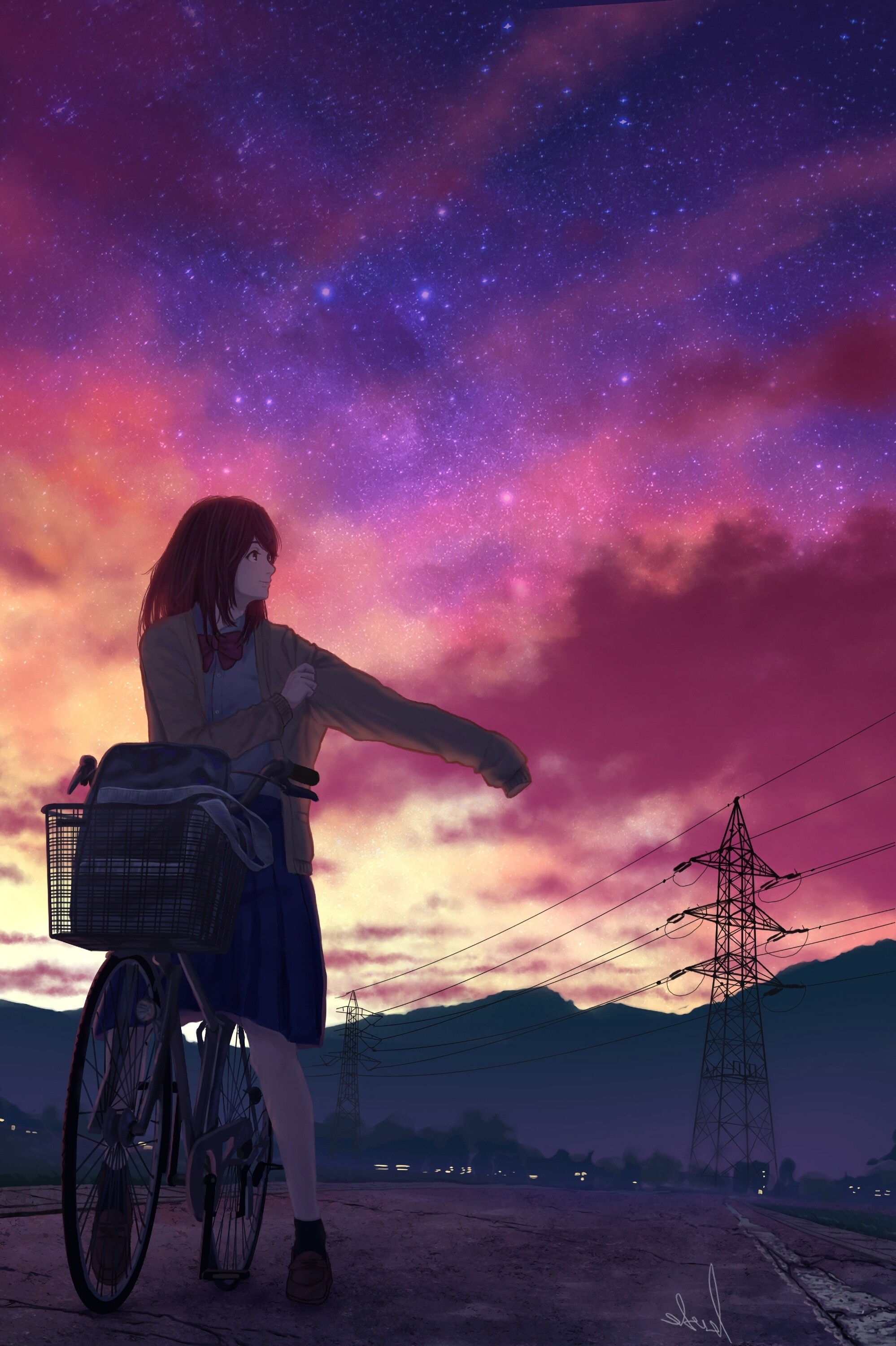 Girl and Bike: School Uniform, Sunset, Anime girl, Purple, A bicycle-mounted basket for carrying cargo. 2000x3000 HD Wallpaper.