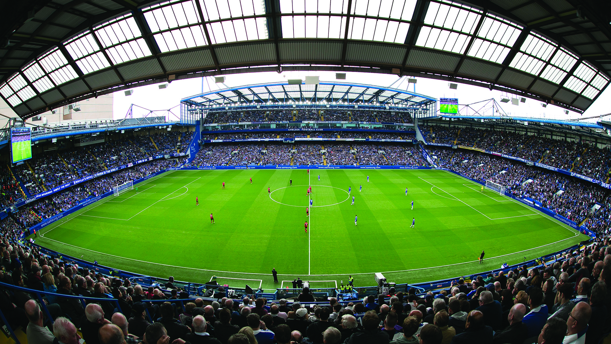 Chelsea: Stamford Bridge, The ninth-largest venue of the 2022–23 Premier League season. 2050x1160 HD Background.