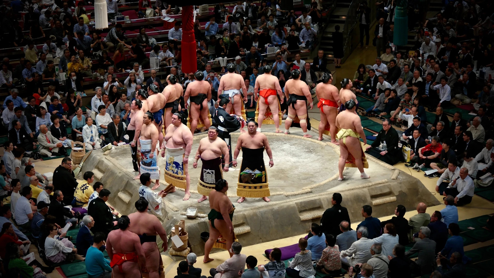 Sumo: A group of rikishi - wrestlers, Professionally practiced national combat sport in Japan. 1920x1080 Full HD Background.