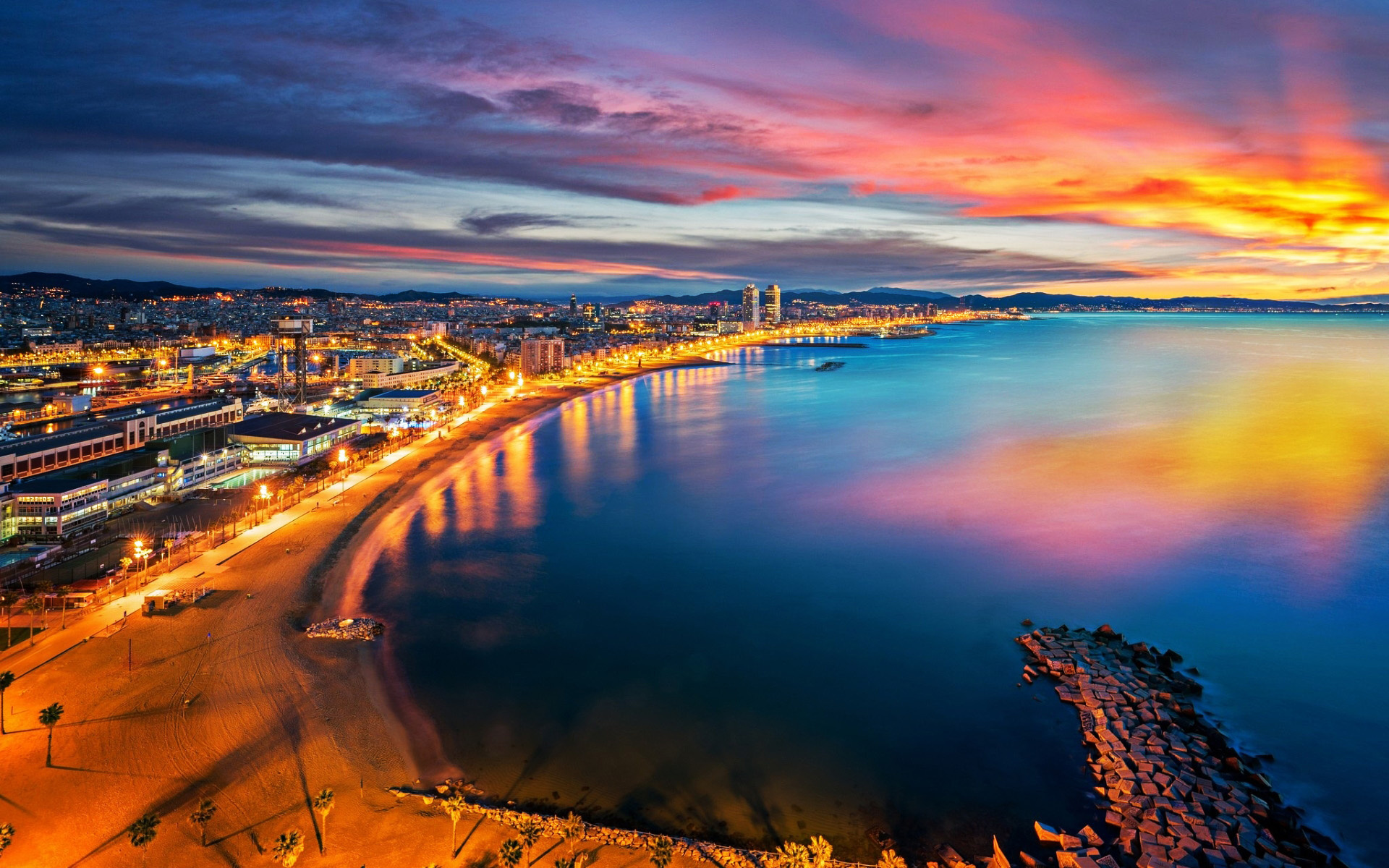 Barcelona City: Sunset, Coast, Spanish city, Cityscape, Europe. 1920x1200 HD Wallpaper.