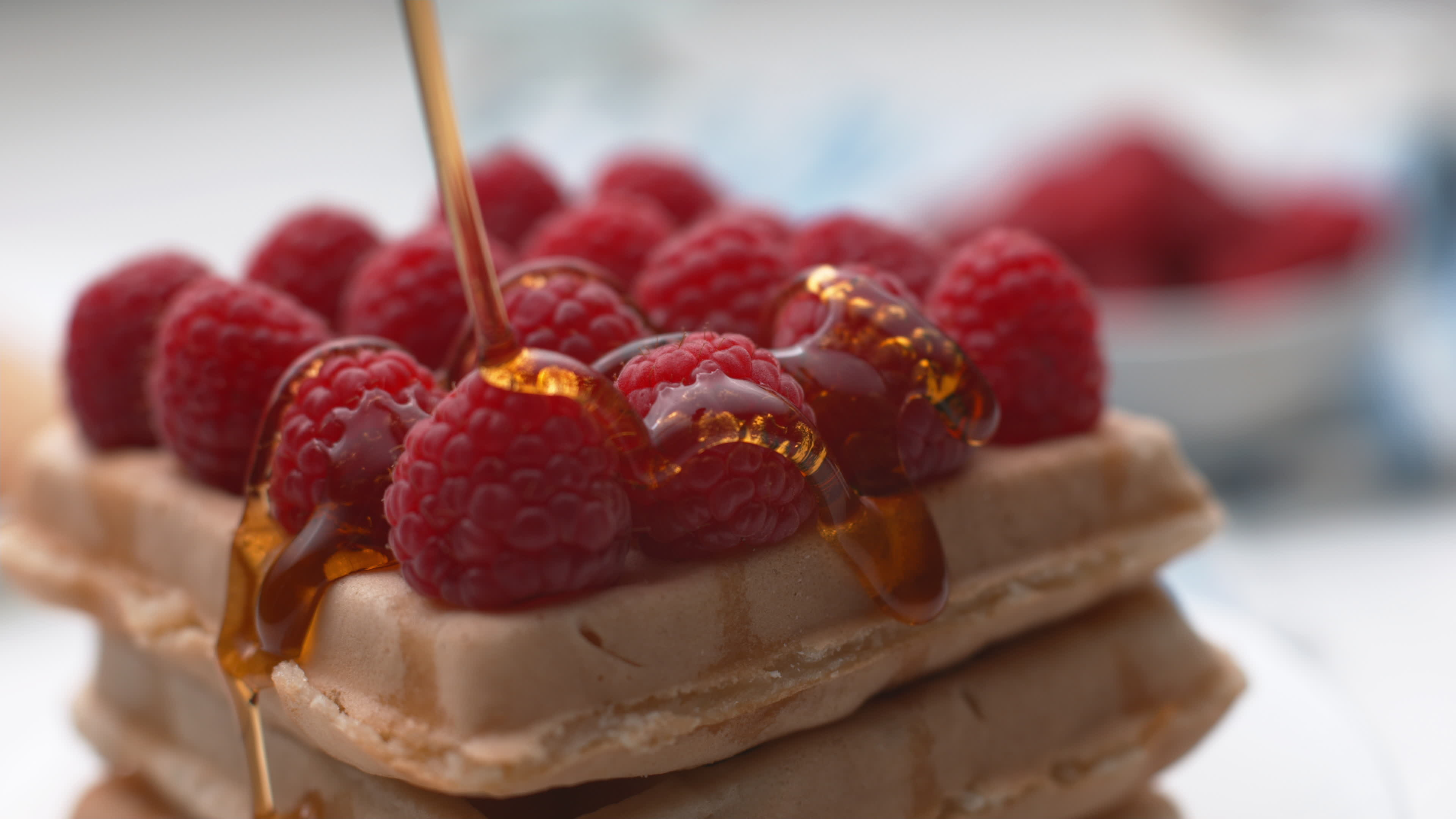 Syrup on waffles, Berries and sweetness, Slow-motion video, Tempting treat, 3840x2160 4K Desktop