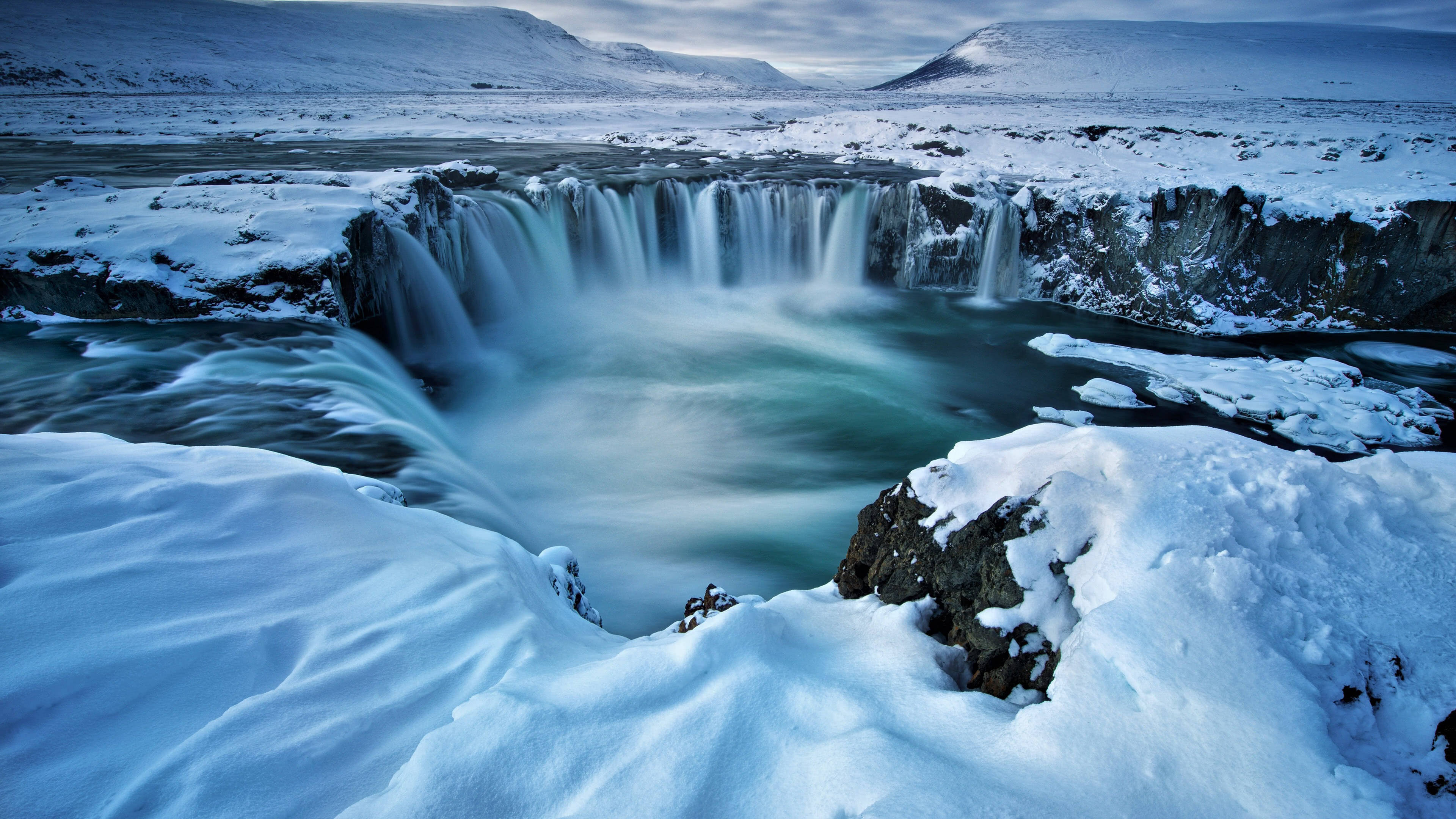 Waterfall: Godafoss, Winter, Iceland, Outback, Province. 3840x2160 4K Background.