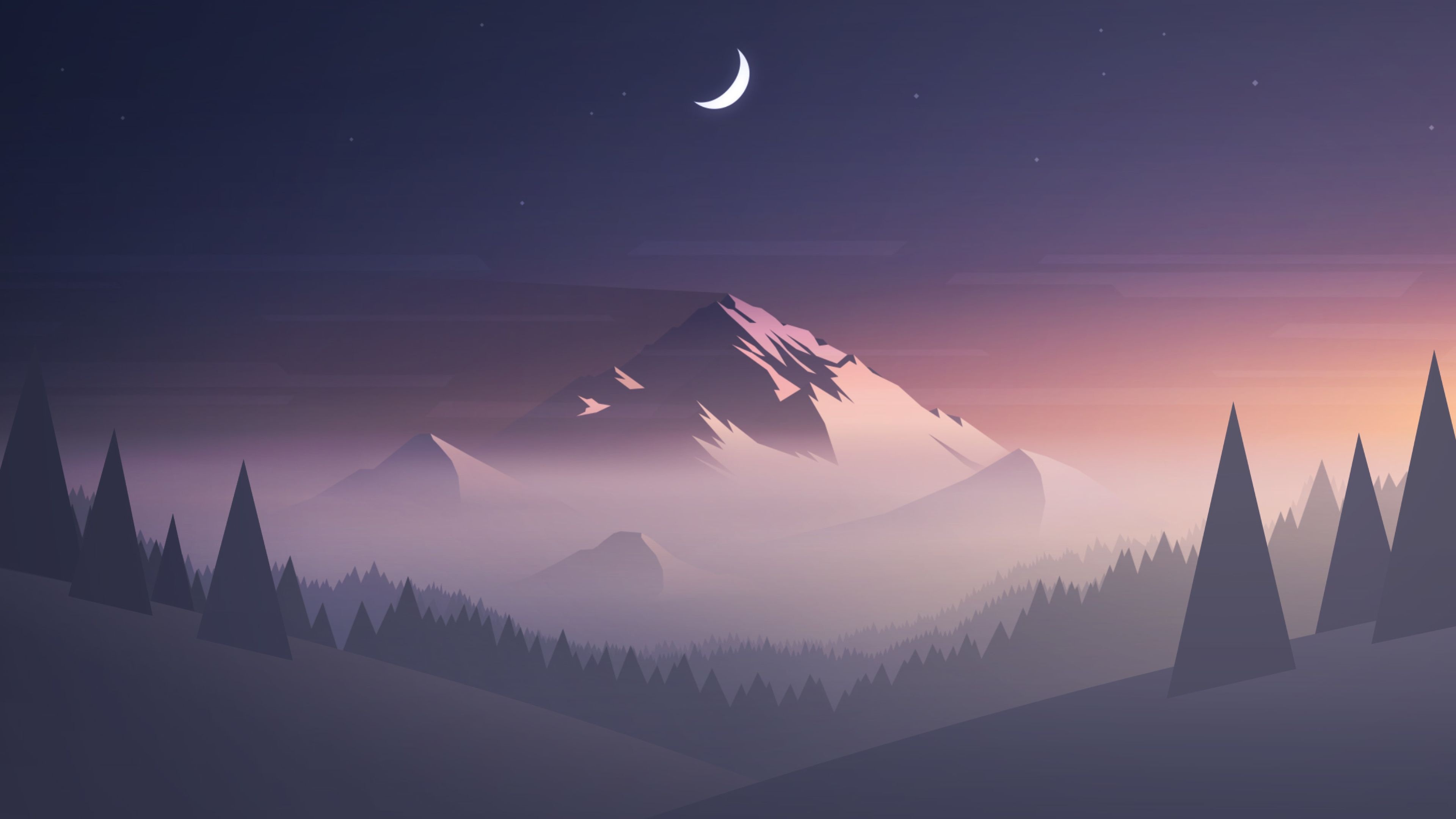 Moon amidst mountains, Minimalist scene, Natural tranquility, Tree silhouettes, Understated landscape, 3840x2160 4K Desktop