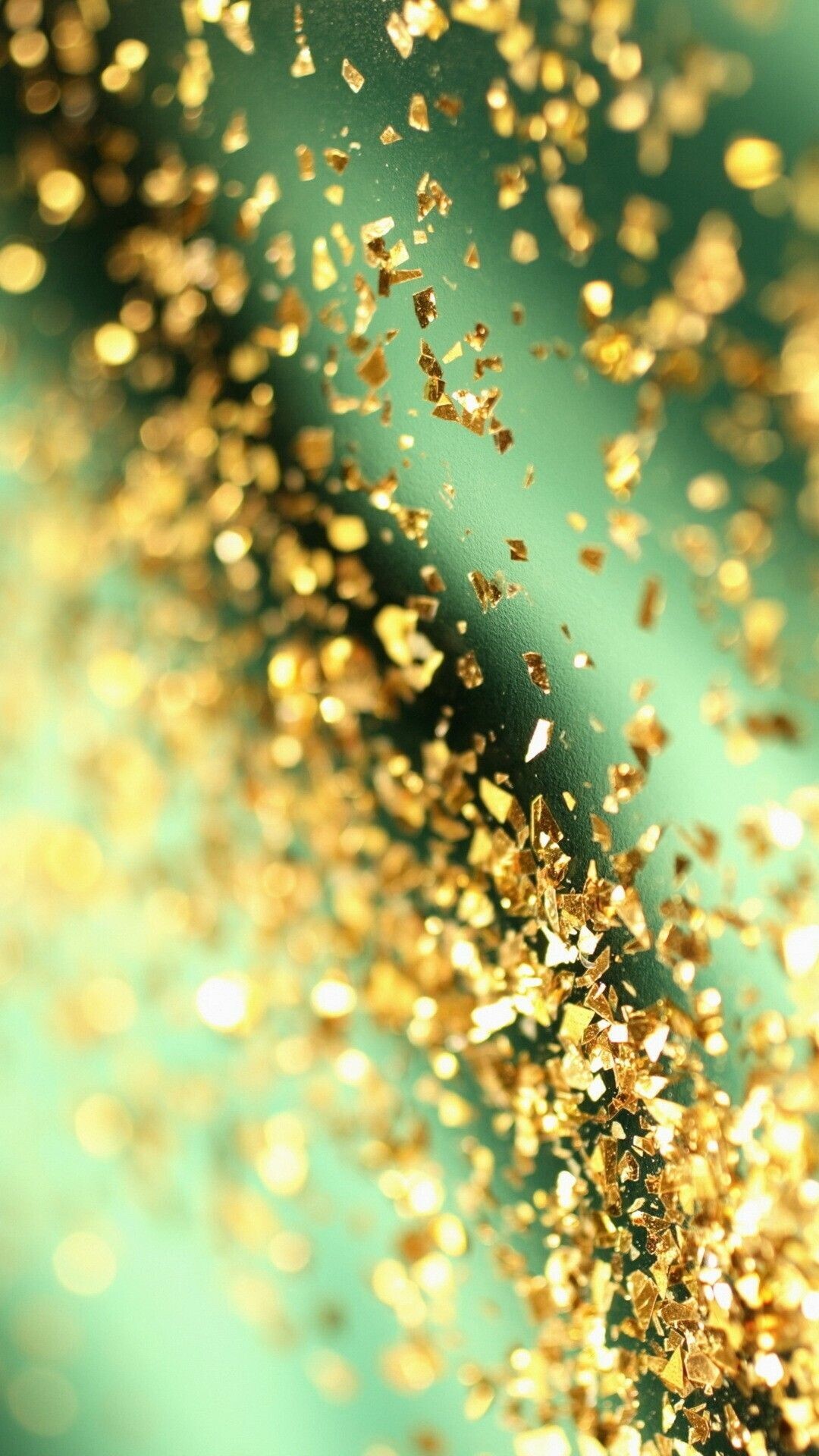 Gold Sparkle: Glitter used for decorative purposes, Gold reflective particles of various shapes. 1080x1920 Full HD Wallpaper.