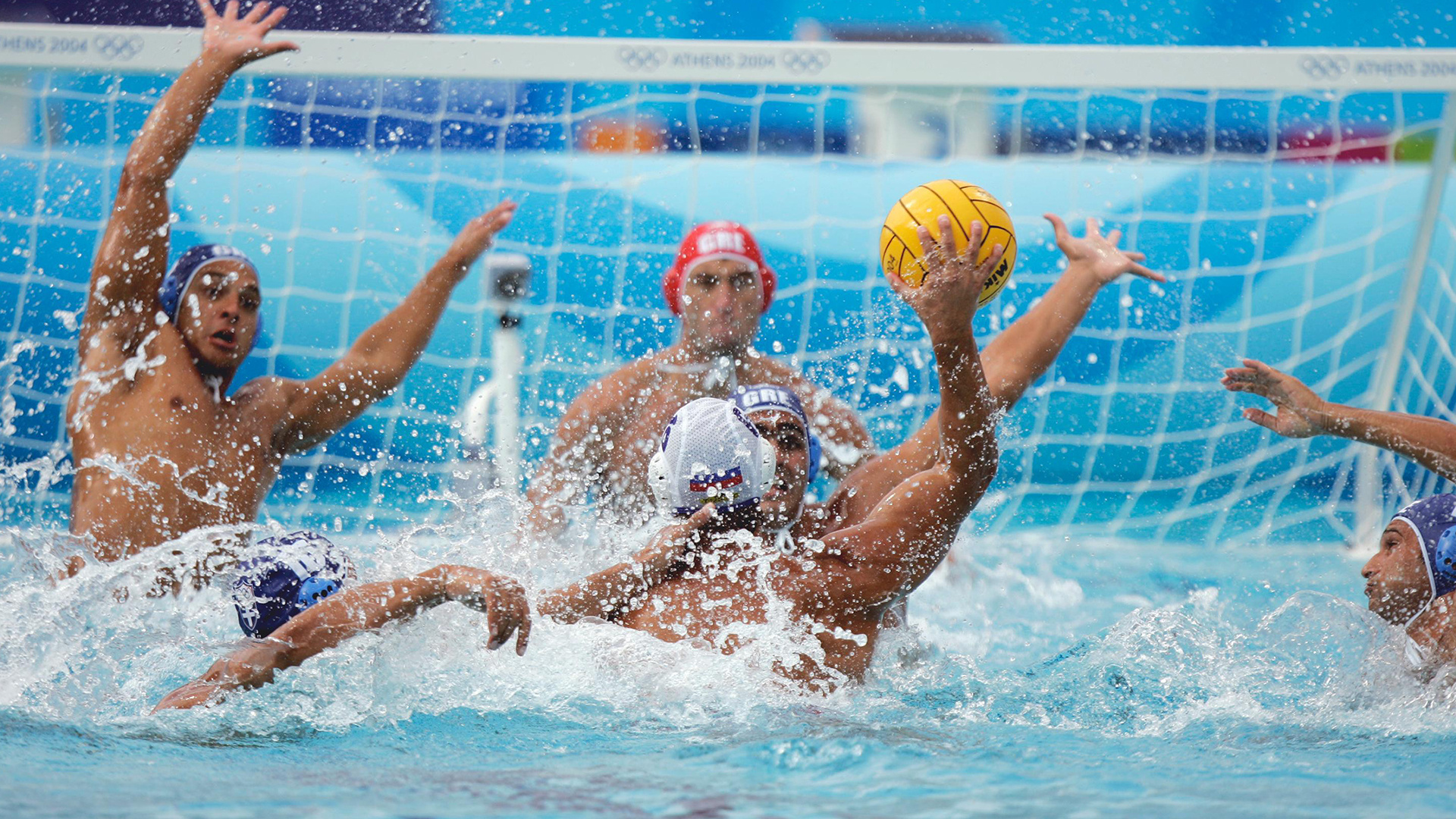 Water Polo: Greece vs. Russian Federation, The 2004 Athens Summer Olympics. 1920x1080 Full HD Background.