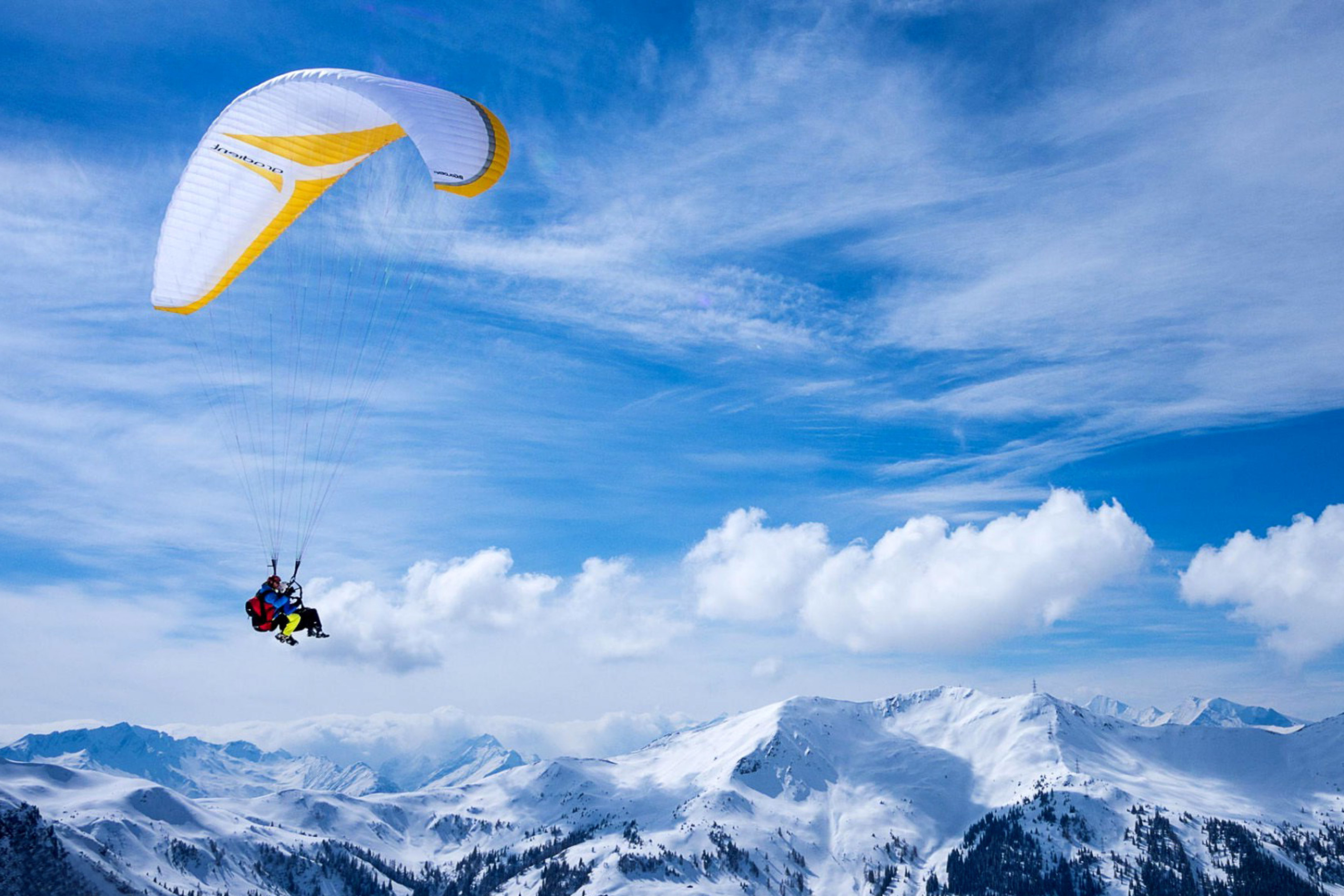 Paragliding: Winter tandem adventure air sports, Switzerland. 2880x1920 HD Wallpaper.