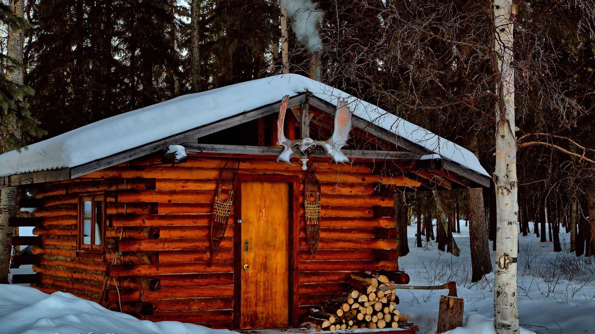 Winter log cabin in Alaska, Backiee wallpaper, 1920x1080 Full HD Desktop