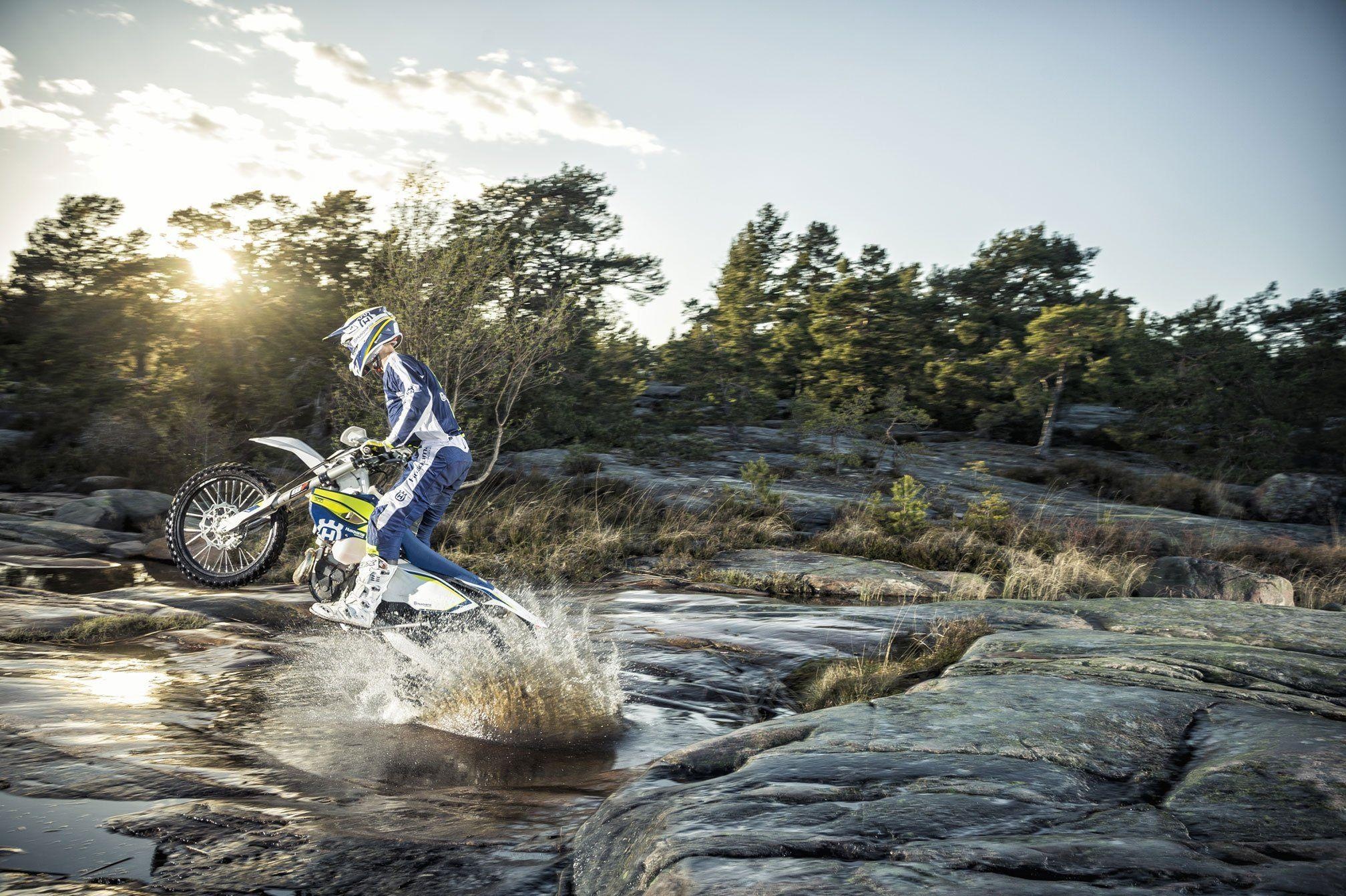 Enduro Motorbike: Crazy Stunts on The Moutain River, Husqvarna, Motorsports Protective Outfit. 2020x1350 HD Background.