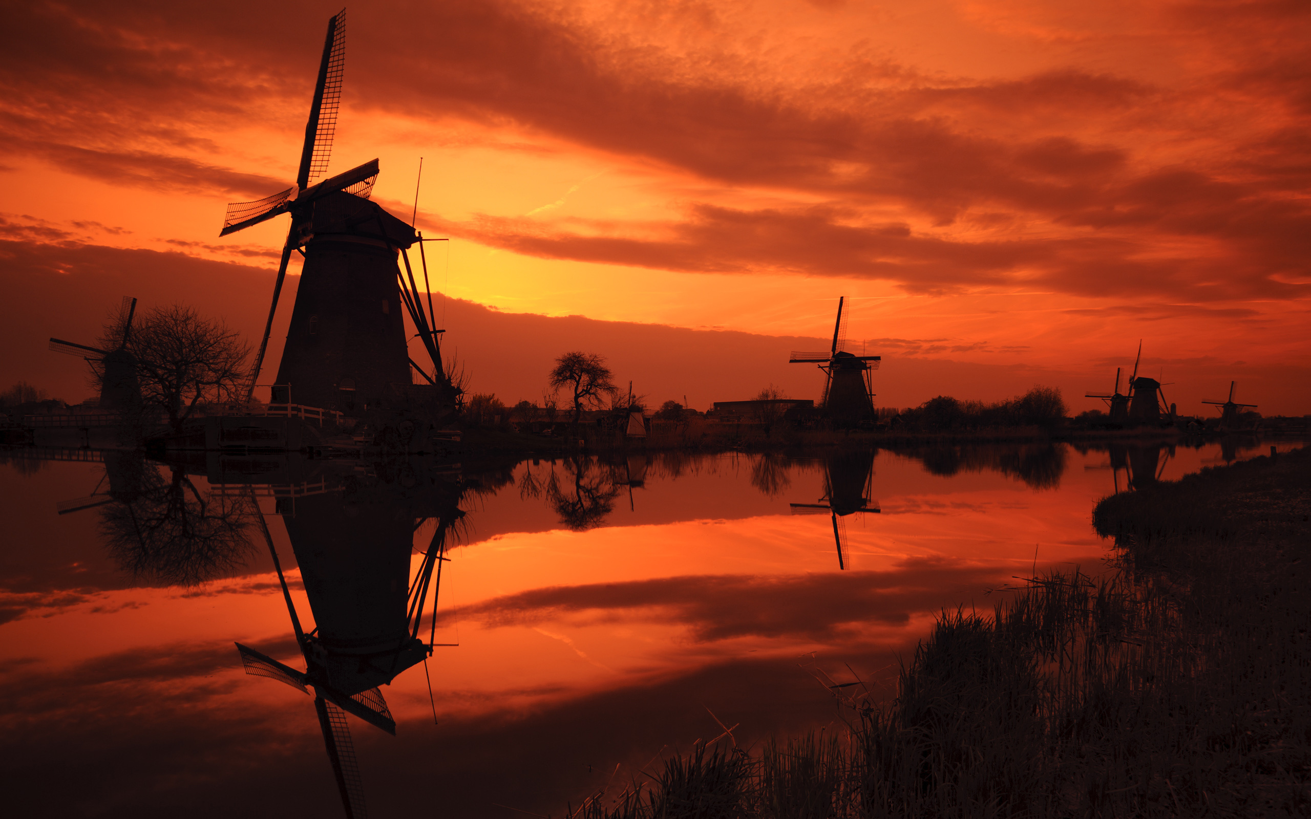 Dutch windmills, Kinderdijk, Dutch landscape, Countryside, 2560x1600 HD Desktop