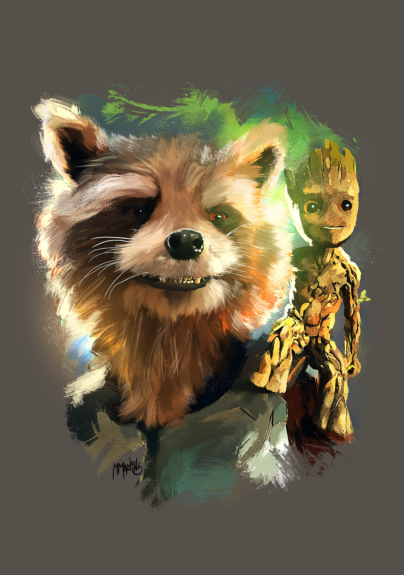 Groot and Rocket, Artstation artwork, Rocket raccoon, Baby Groot, 1550x2200 HD Phone
