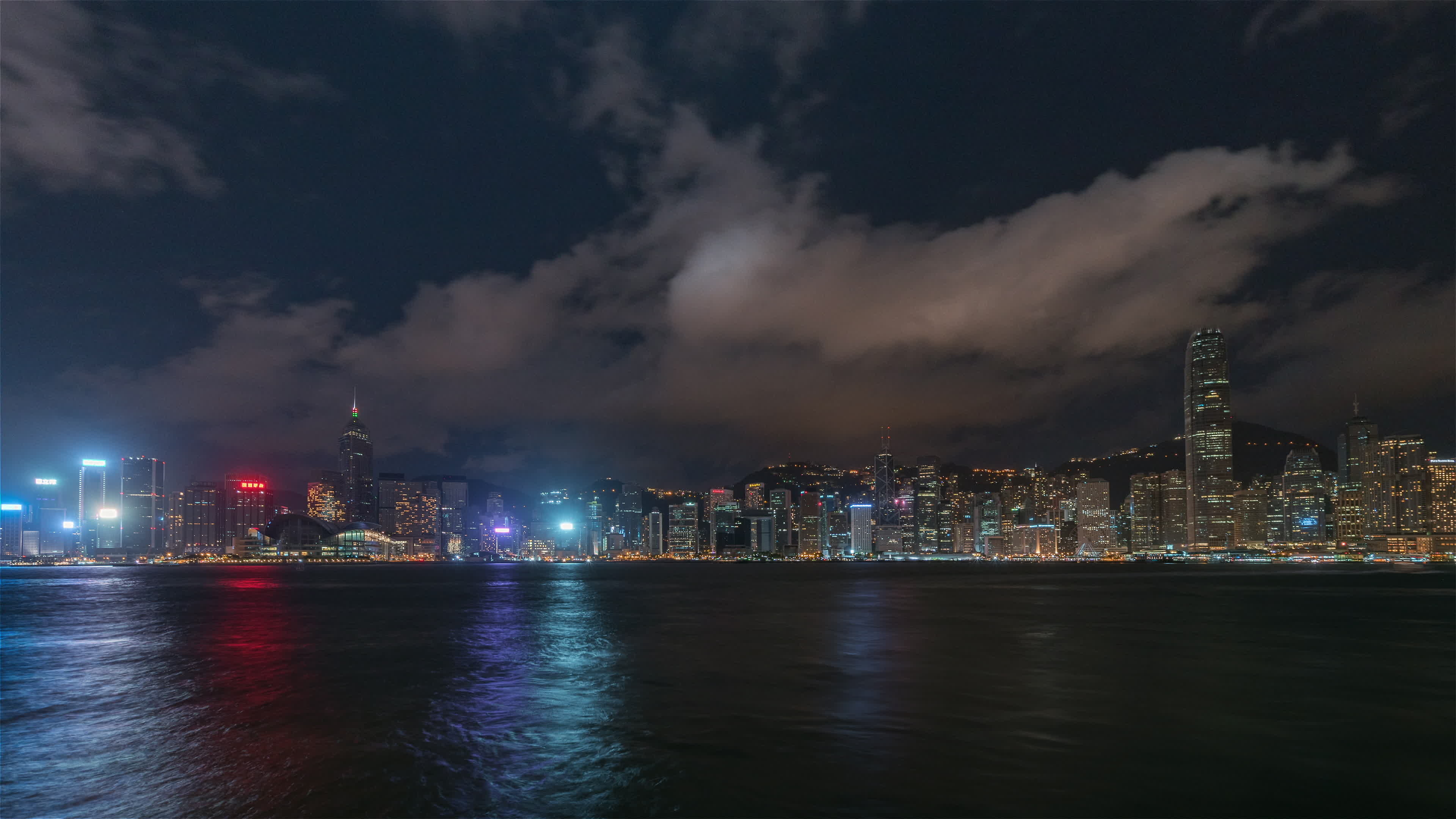 Skyline: Hong Kong cityscape, seen from the main bay in the city, Special Administrative Region in China. 3840x2160 4K Background.