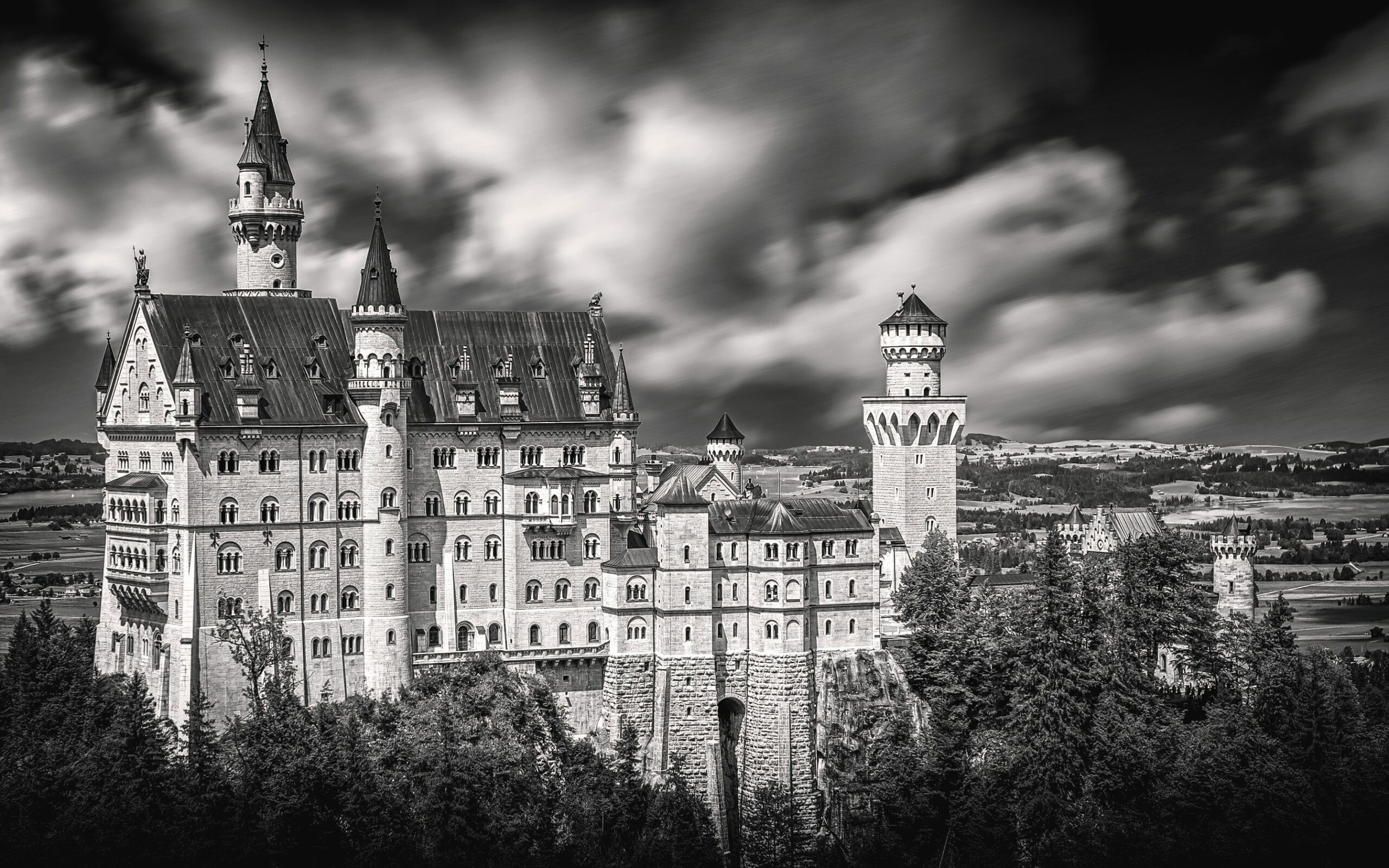 Neuschwanstein Castle: A large medieval building, Germany, Monochrome. 2560x1600 HD Background.