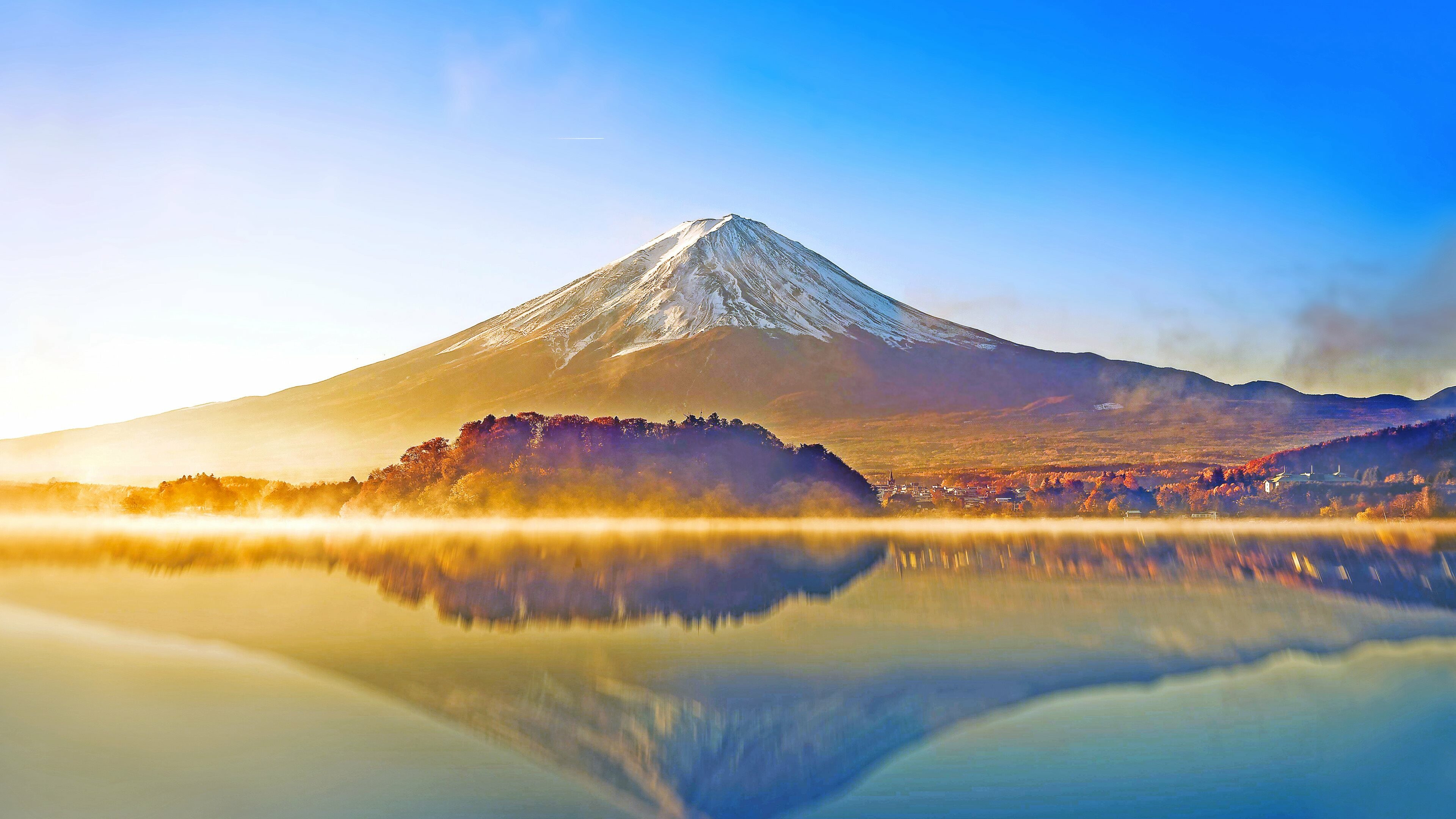 Japan: Mount Fuji, Stratovolcano, Morning at the Honshu island. 3840x2160 4K Background.