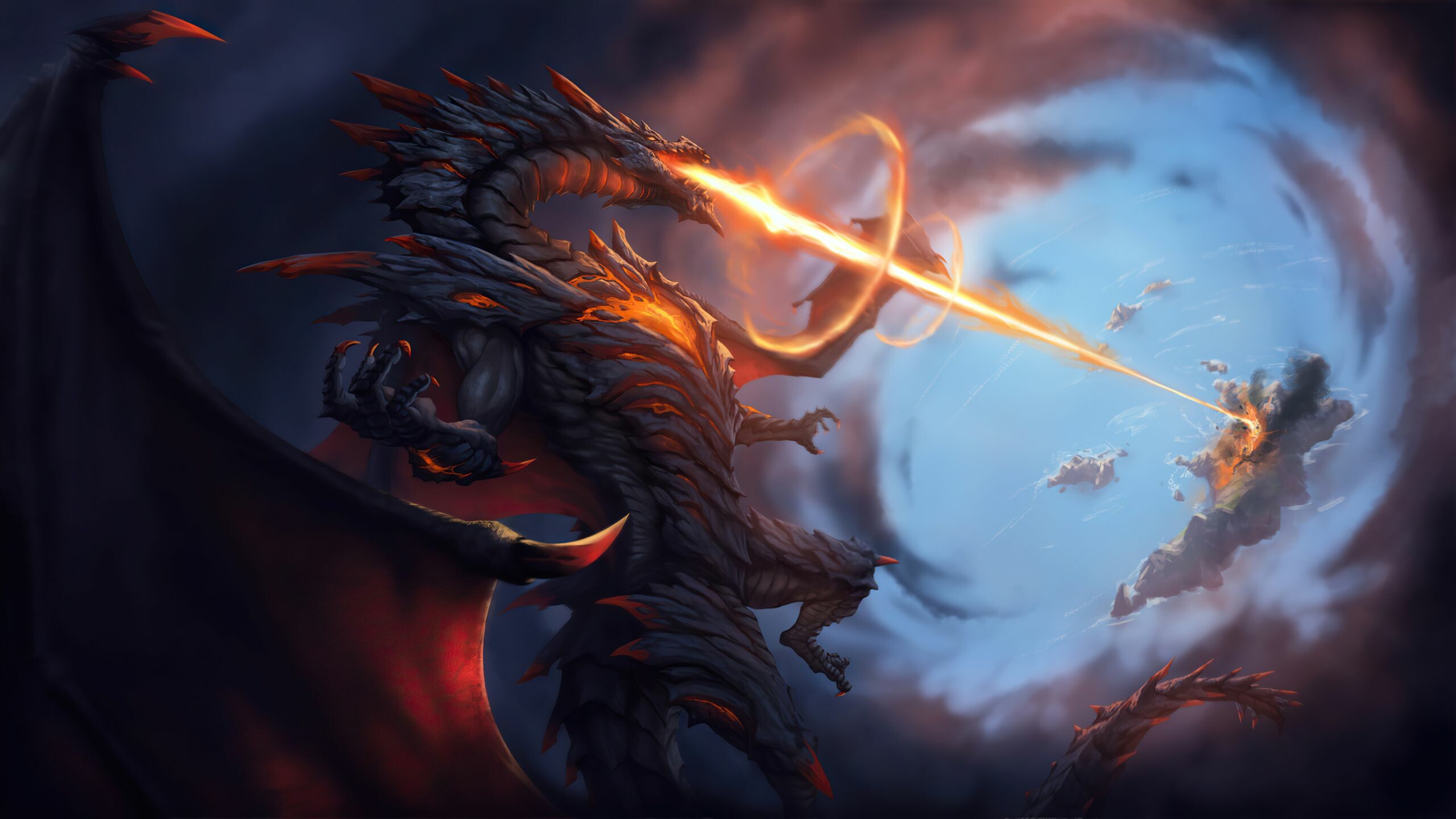 Dragon: Wyvern, A mythical animal, shooting flames out of its mouths. 2560x1440 HD Wallpaper.