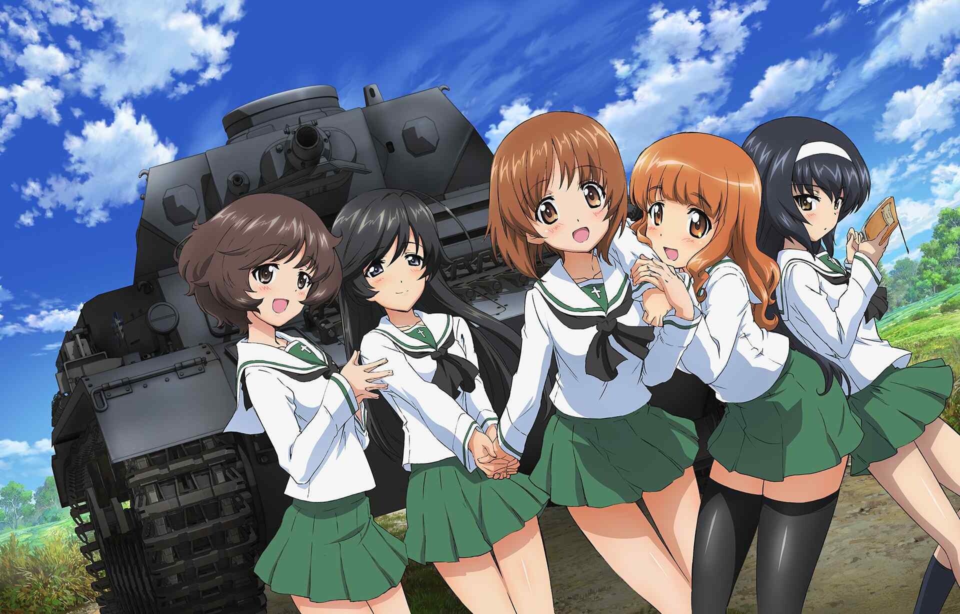 Girls und Panzer: Five second year students from Ooarai Girls Academy: Miho, Saori, Hana, Yukari, Mako, The main protagonist. 1920x1230 HD Background.