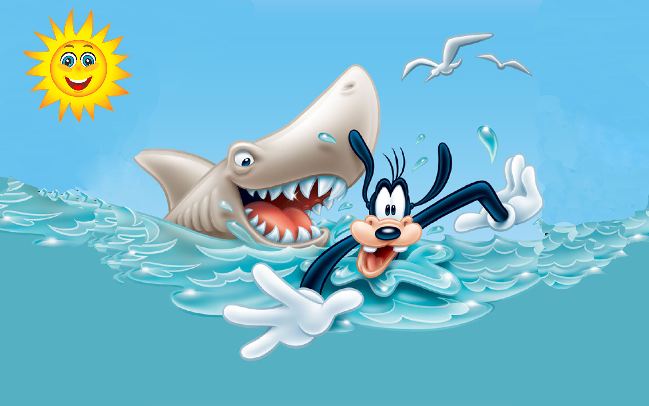 Goofy, Danger of sharks, Walt Disney, Photo wallpaper, 2560x1600 HD Desktop
