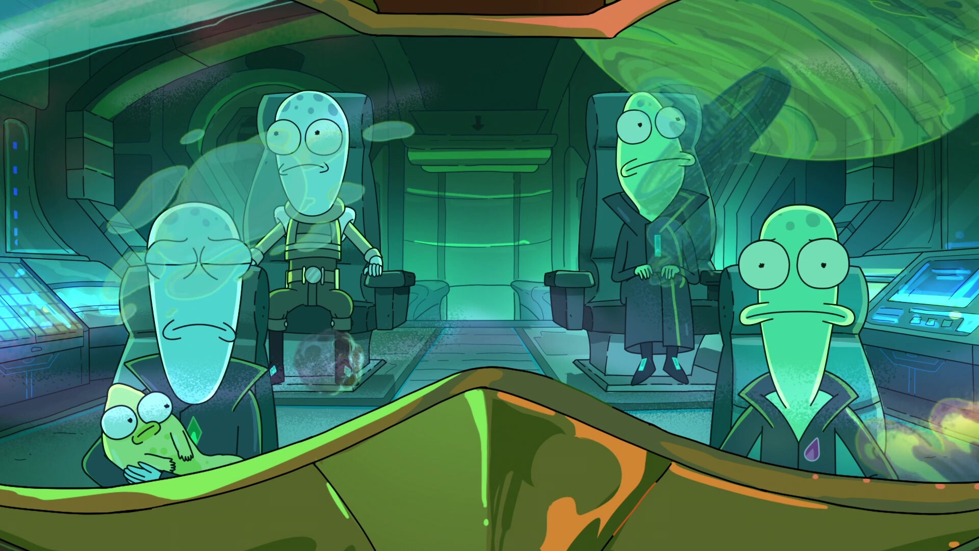 Solar Opposites: Hulu's animated alien comedy, The adventures of aliens Korvo, Terry, Jesse, and Yumyulack. 1920x1080 Full HD Background.