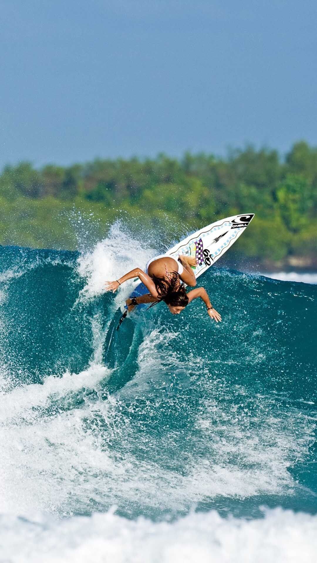 Girl Surfing: 360 Air style water tricks, Olympic athlete, Big wave surfing style. 1080x1920 Full HD Background.