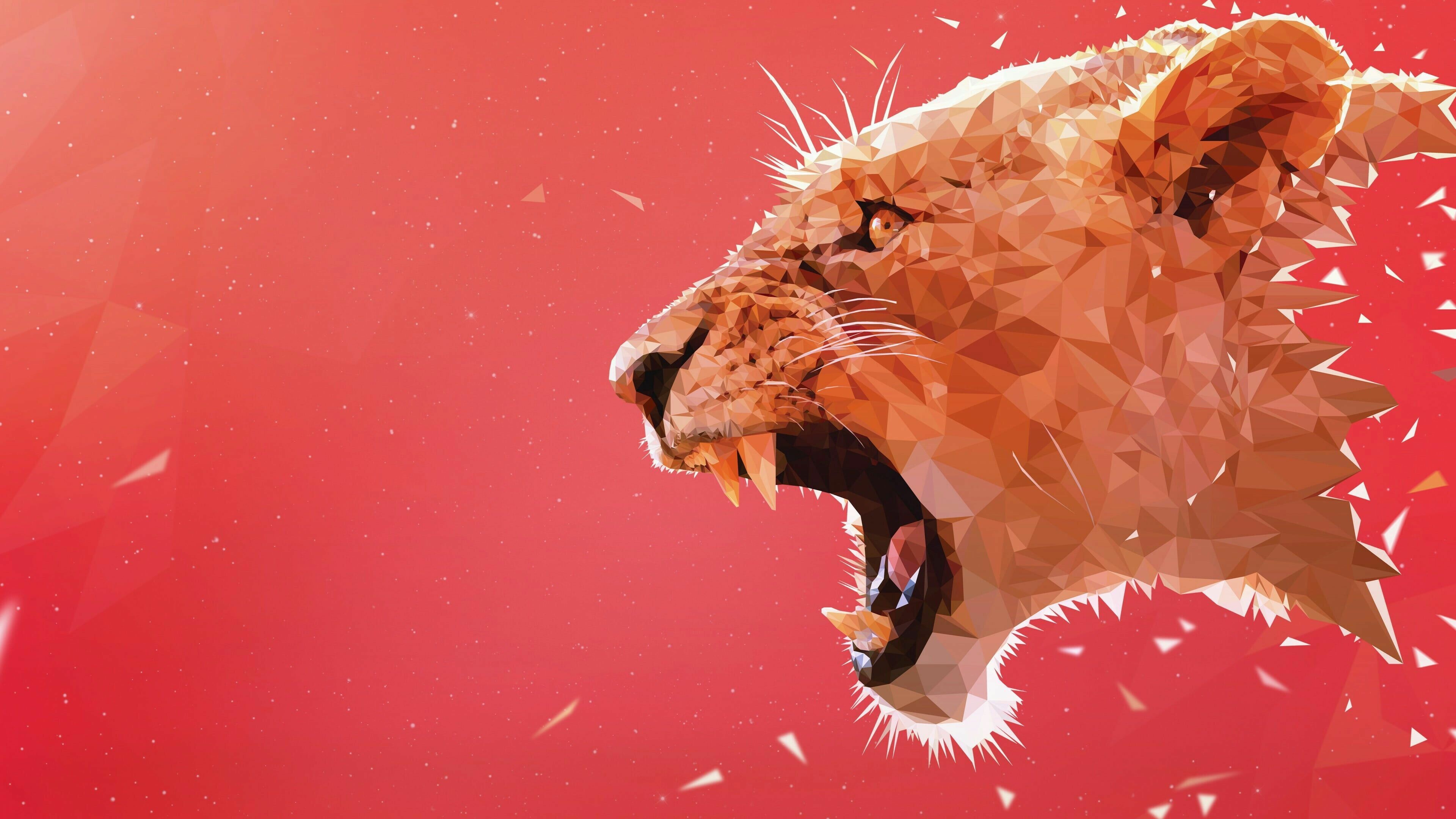 Lion: Roar, Carnivore, Jaw, Geometrical, Artwork. 3840x2160 4K Background.