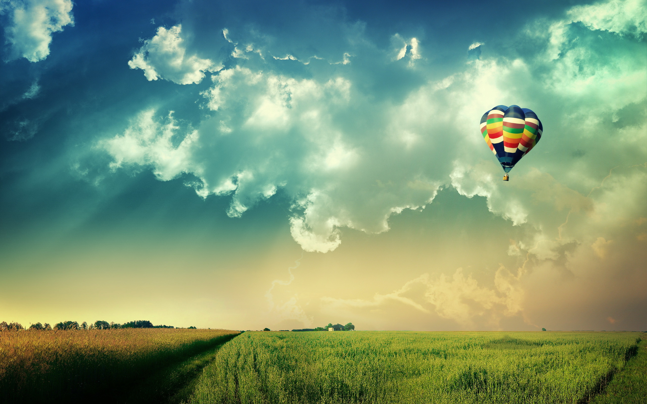 Air Sports: Floating aircraft with aerostat in stormy weather in clouds over a field. 2560x1600 HD Wallpaper.