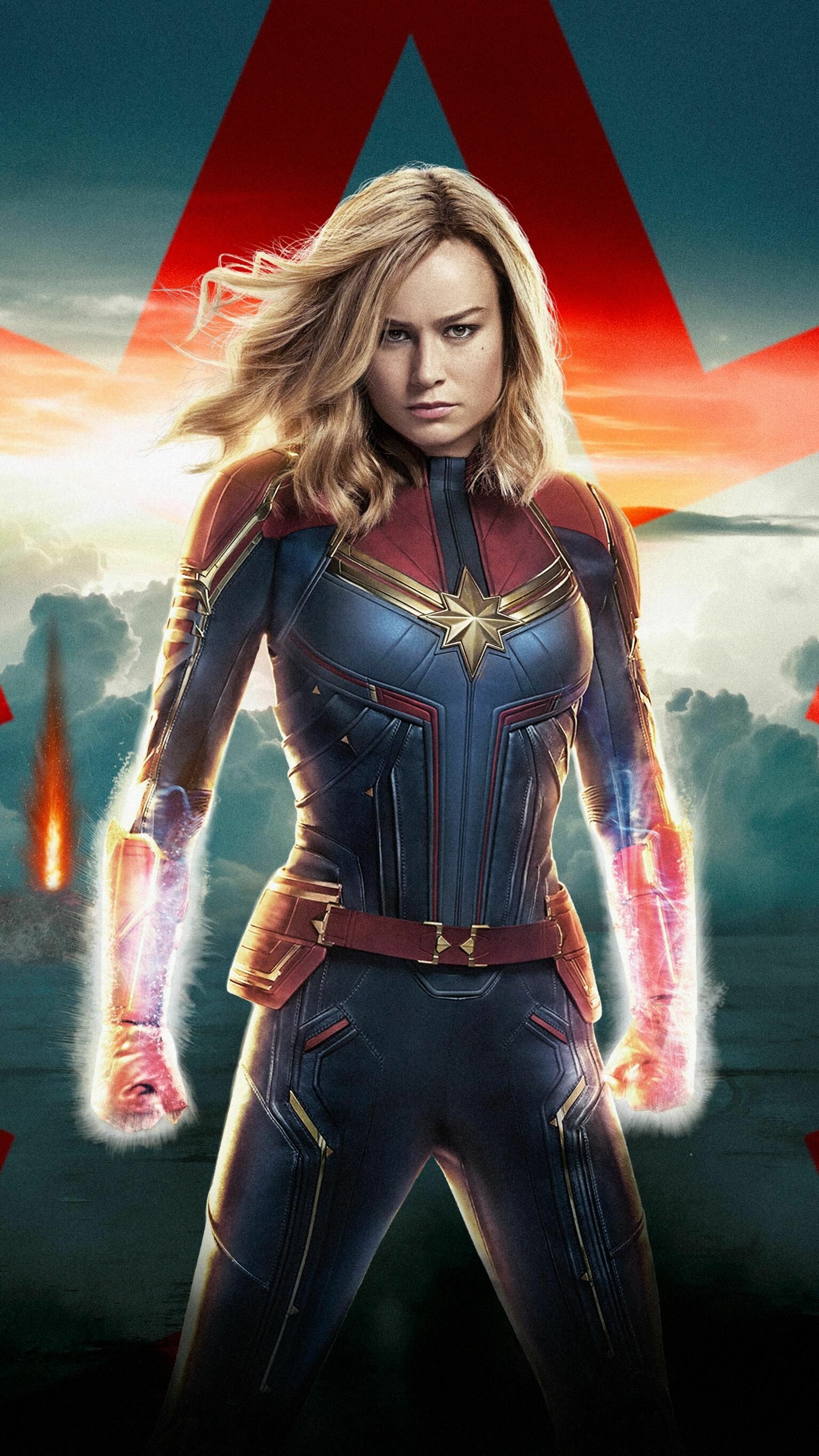 Captain Marvel: Brie Larson as Carol Danvers / Vers, imbued with superhuman strength and flight after exposure to Tesseract energy. 1540x2740 HD Wallpaper.