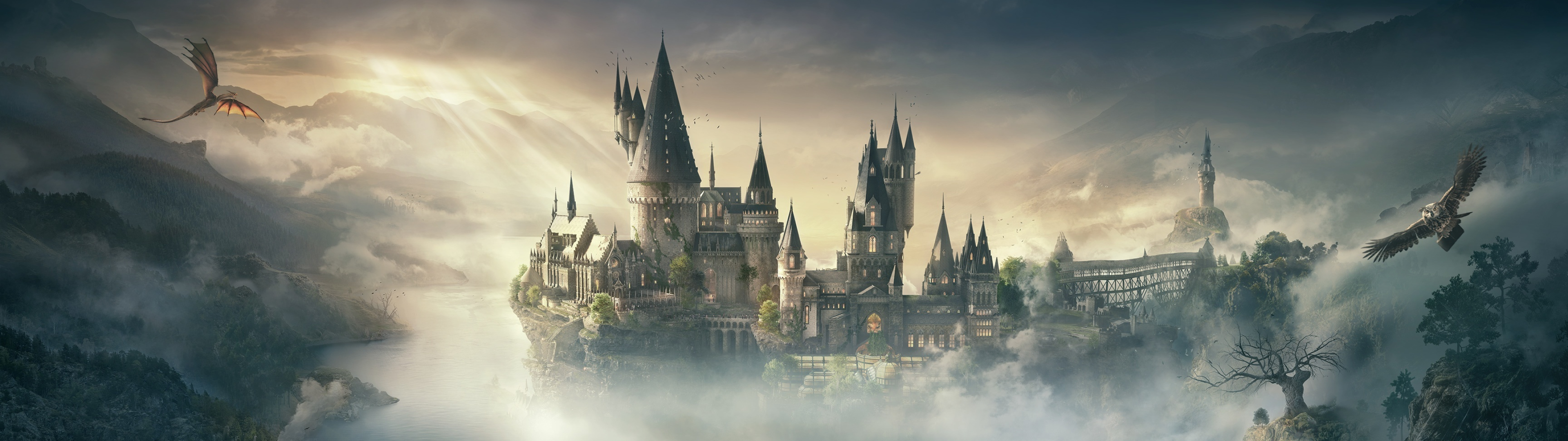Aerial view, Hogwarts Castle Wallpaper, 3840x1080 Dual Screen Desktop