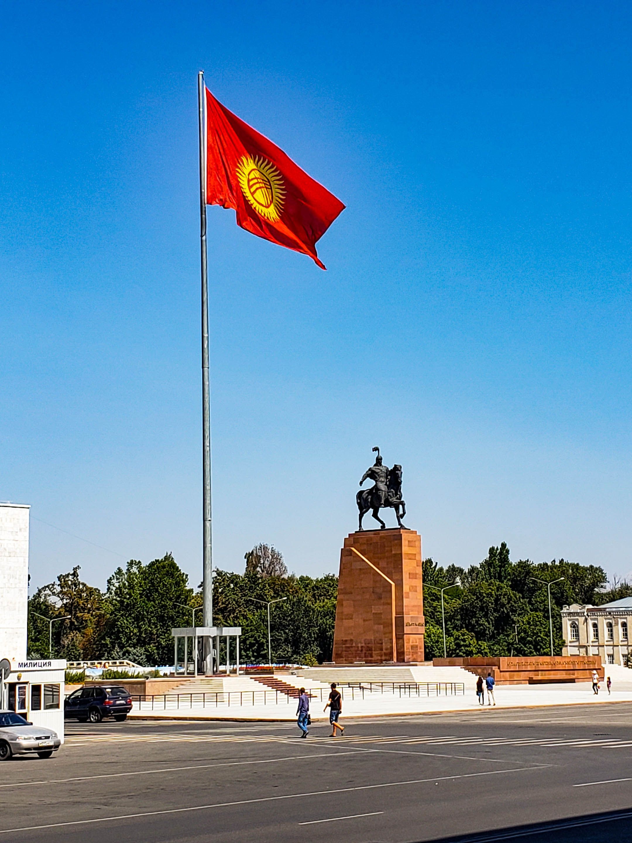 Bishkek statue of Manas, Kyrgyzstan flag, Central mosque, Local pride, 2160x2880 HD Handy