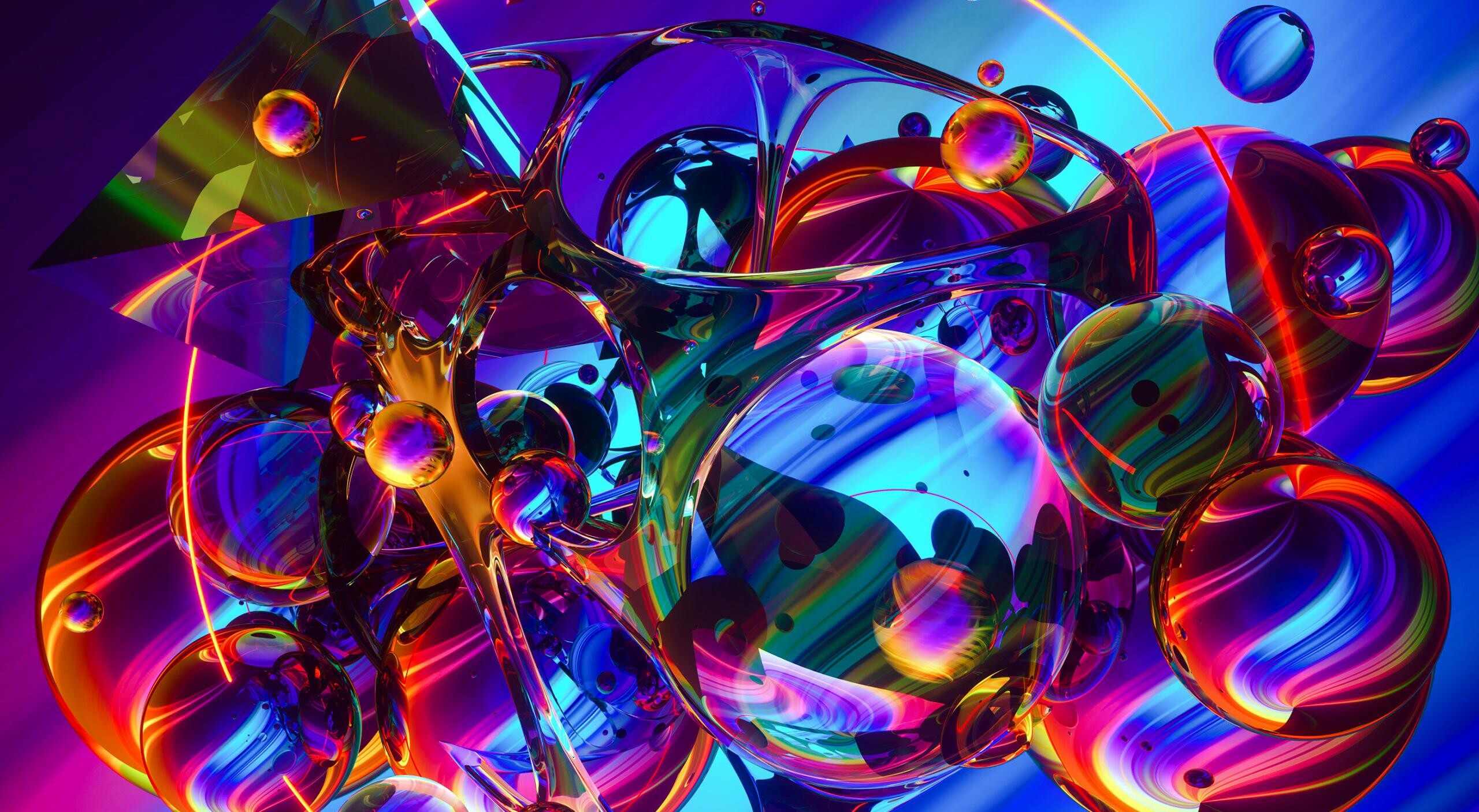 Glass: Abstract spherical pattern, Digital art, Colorful shapes, Reflections. 2560x1410 HD Background.