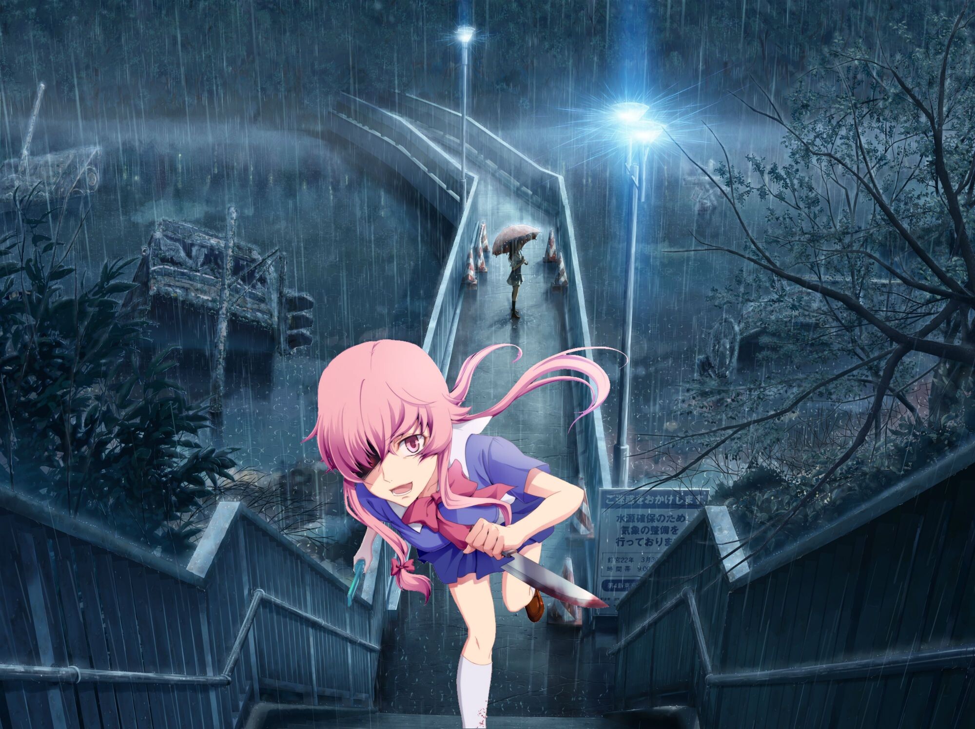 Gasai Yuno: Rain animation, Mirai nikki, A young girl obsessed with Yukiteru Amano. 2000x1500 HD Wallpaper.