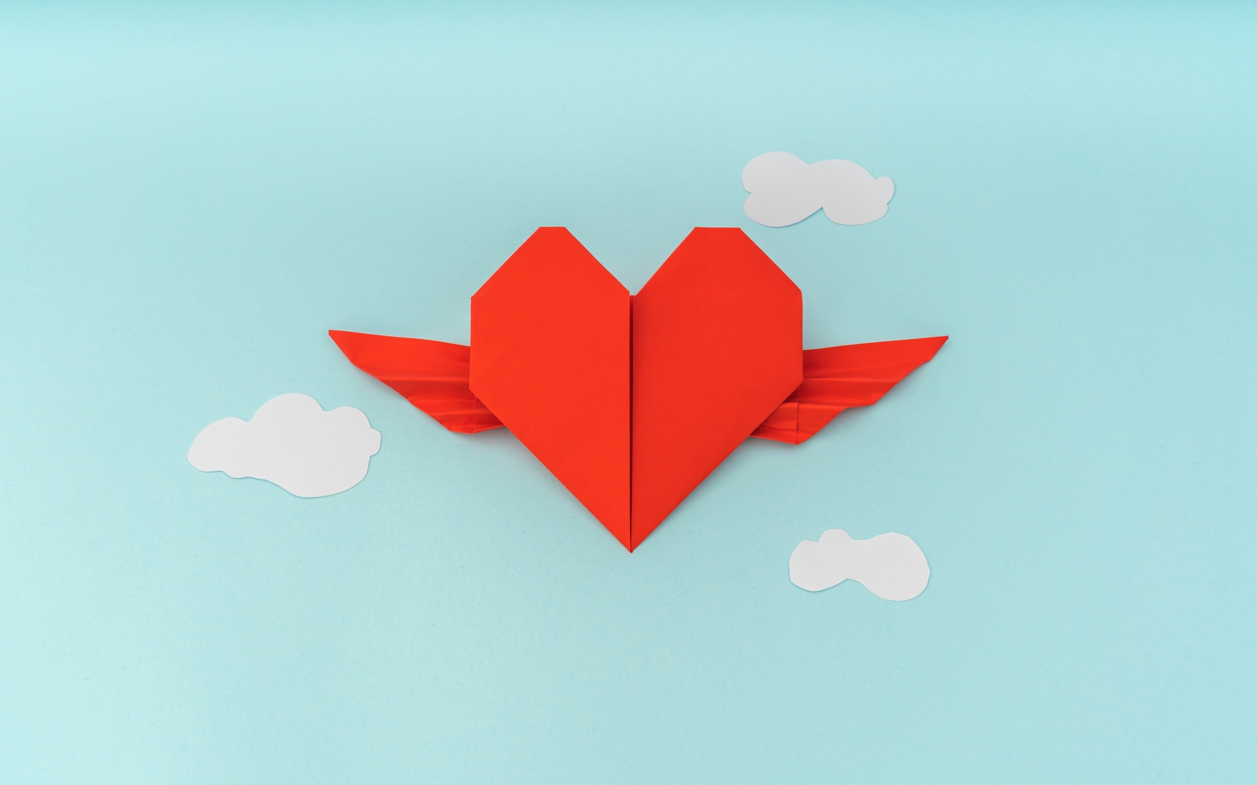 Paper heart, Blue background, Origami heart, Paper clouds, 2560x1600 HD Desktop