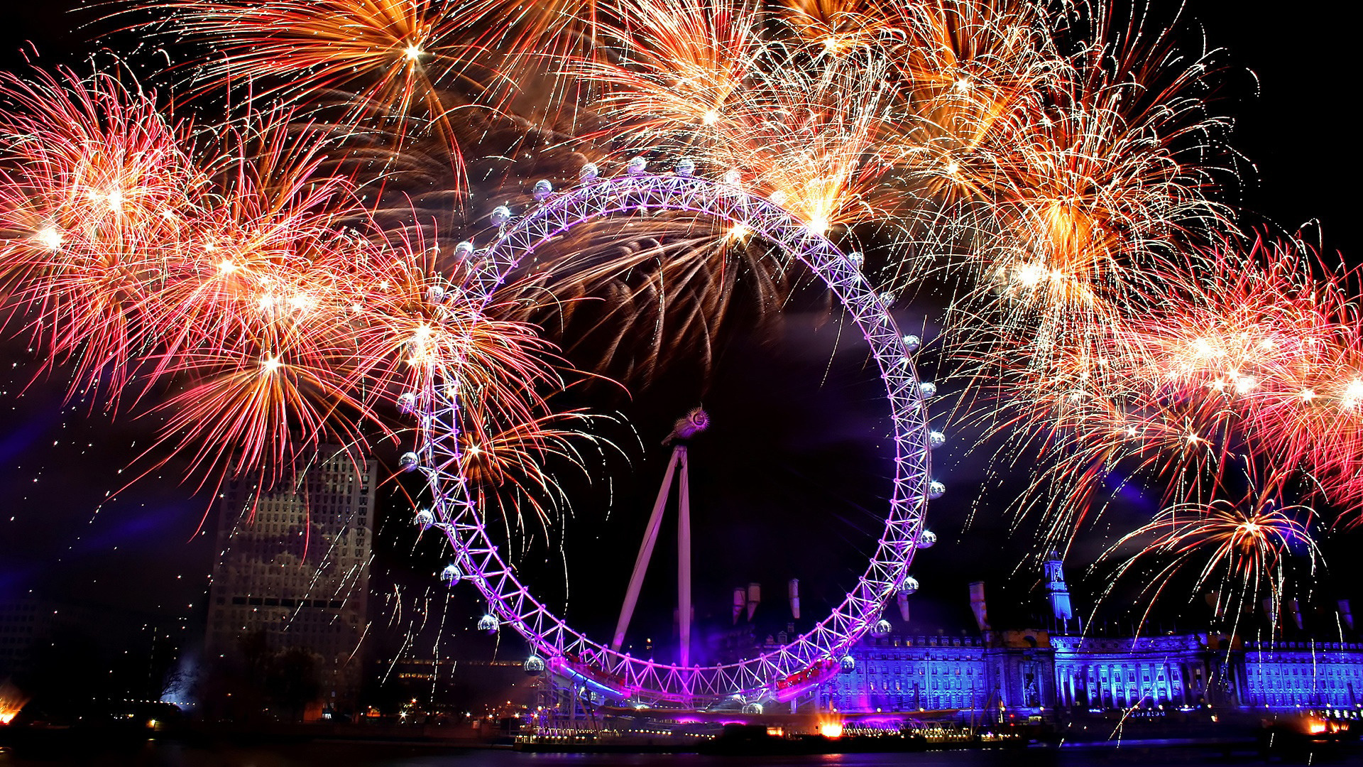 London Eye, Fireworks display, New Year's celebration, Nighttime spectacle, 1920x1080 Full HD Desktop