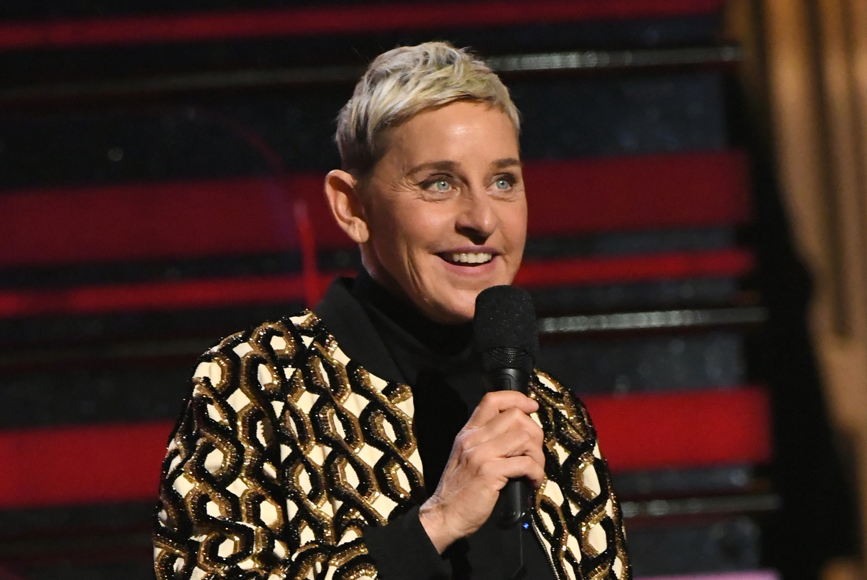 Ellen DeGeneres: An American comedian, television host, actress, writer, and producer. 3010x2010 HD Background.