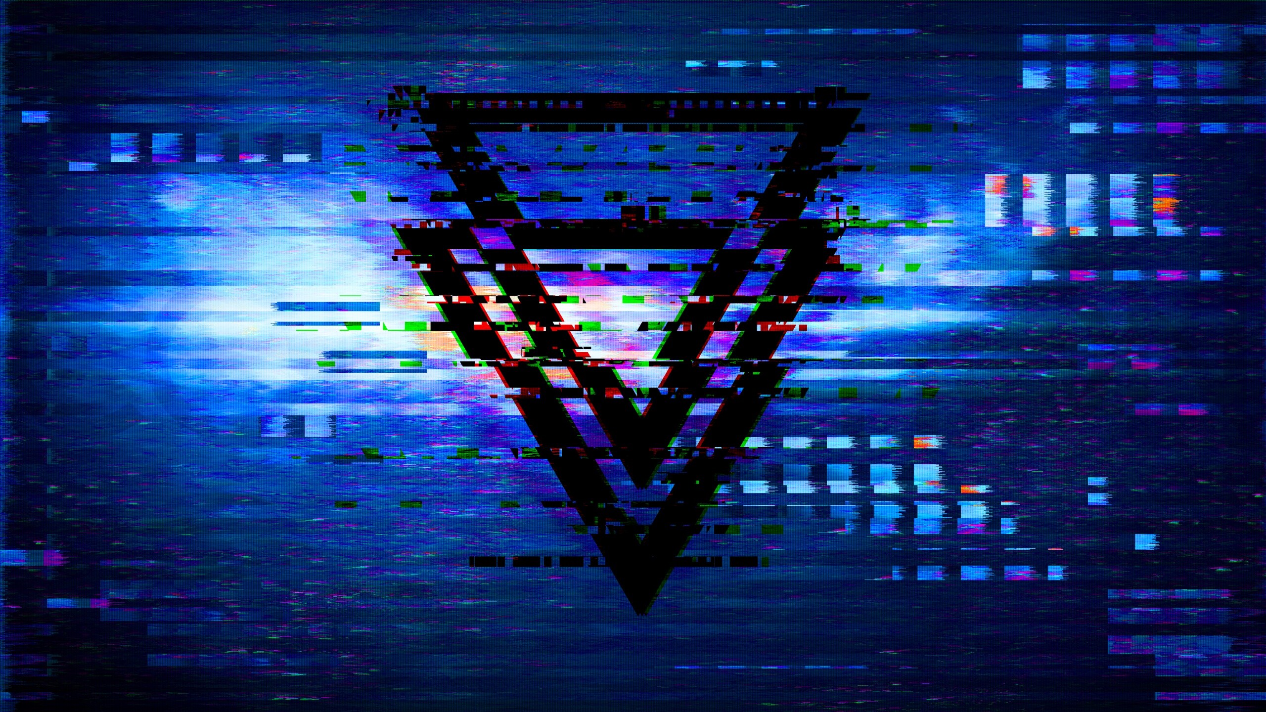 Glitch: Equilateral triangles, Effects, Distortion, Digital Art, Abstract, Misplaced pixels. 2560x1440 HD Background.
