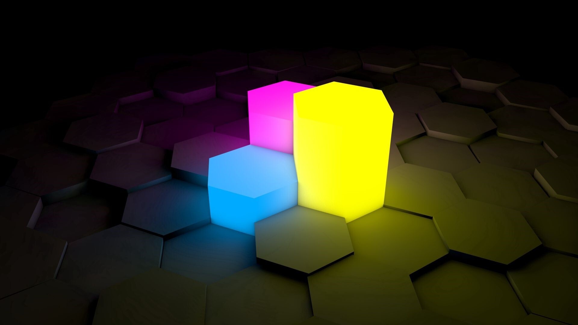 Glow in the Dark: Geometric glow, Neon lights, Minimalistic, Honeycomb, Tiles. 1920x1080 Full HD Background.