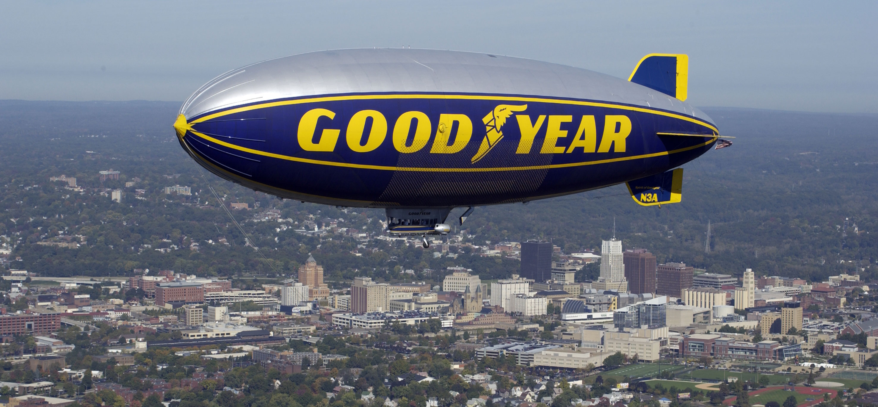 Dirigible: Goodyear, An airship with a number of gas-filled cells. 2960x1370 Dual Screen Wallpaper.