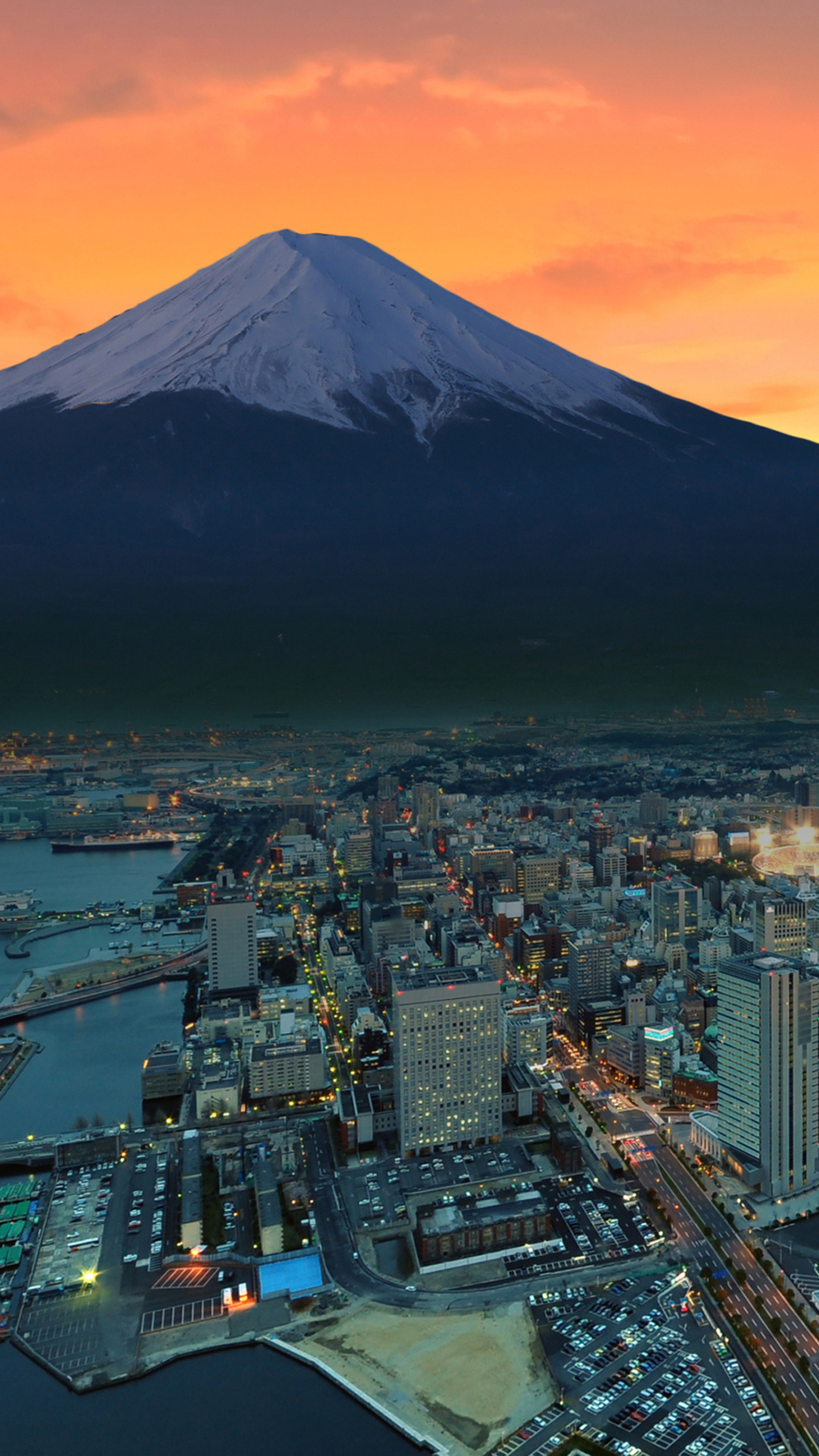 Japan Skyline, Mount Fuji snowy peak, Japan sunset city, Sony Xperia X, 2160x3840 4K Phone