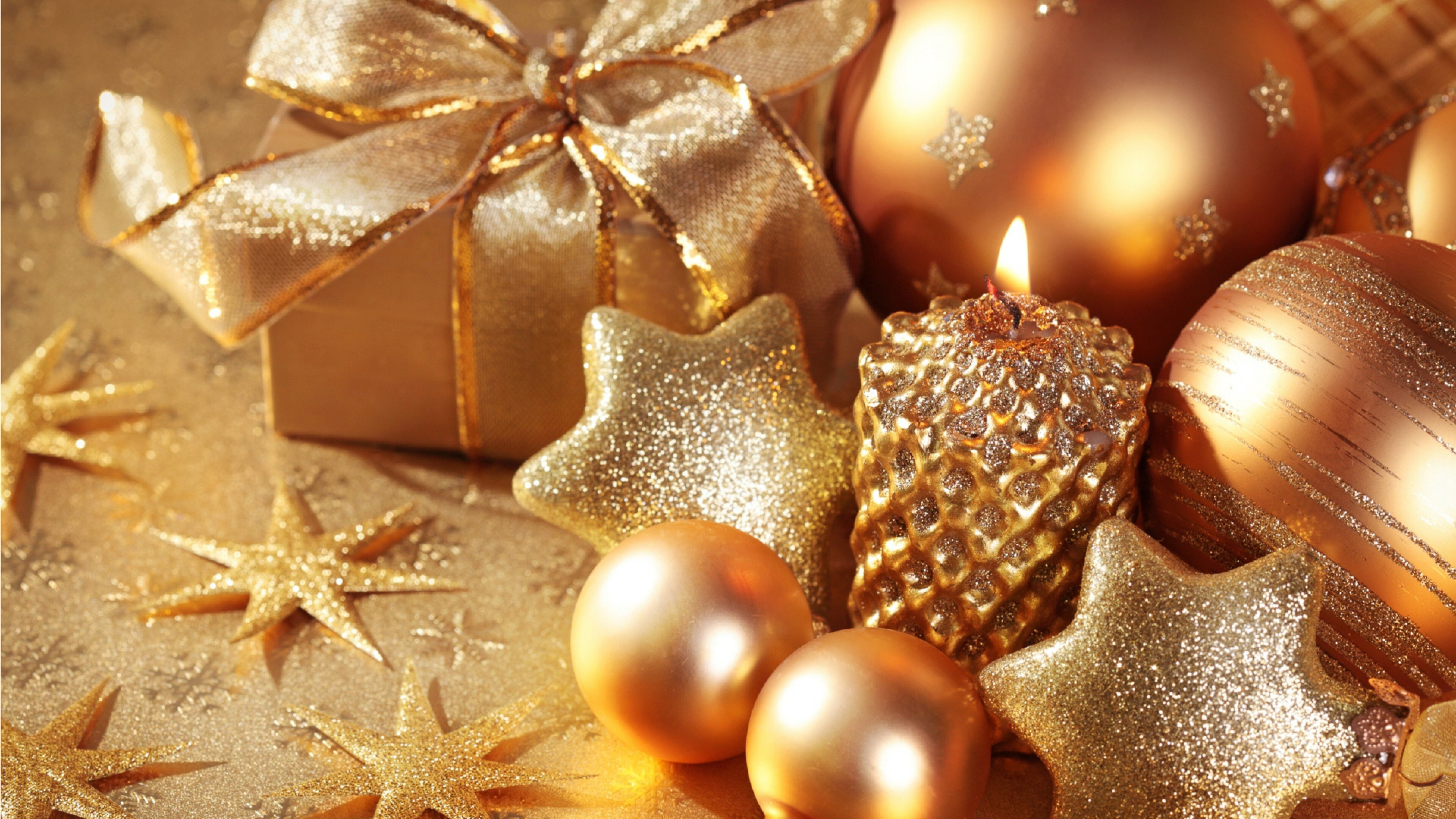 Decorations: Christmas, New Year, Stars, Candle, Gifts, Holidays. 3840x2160 4K Wallpaper.