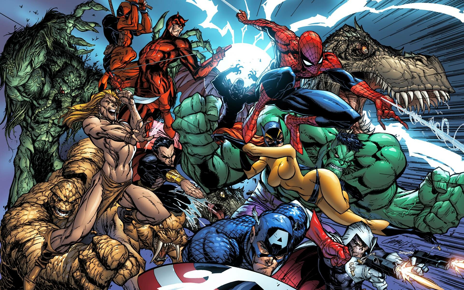 Marvel: Captain America, Hulk, Spider-Man, Deadpool, Daredevil, Magneto. 1920x1200 HD Wallpaper.