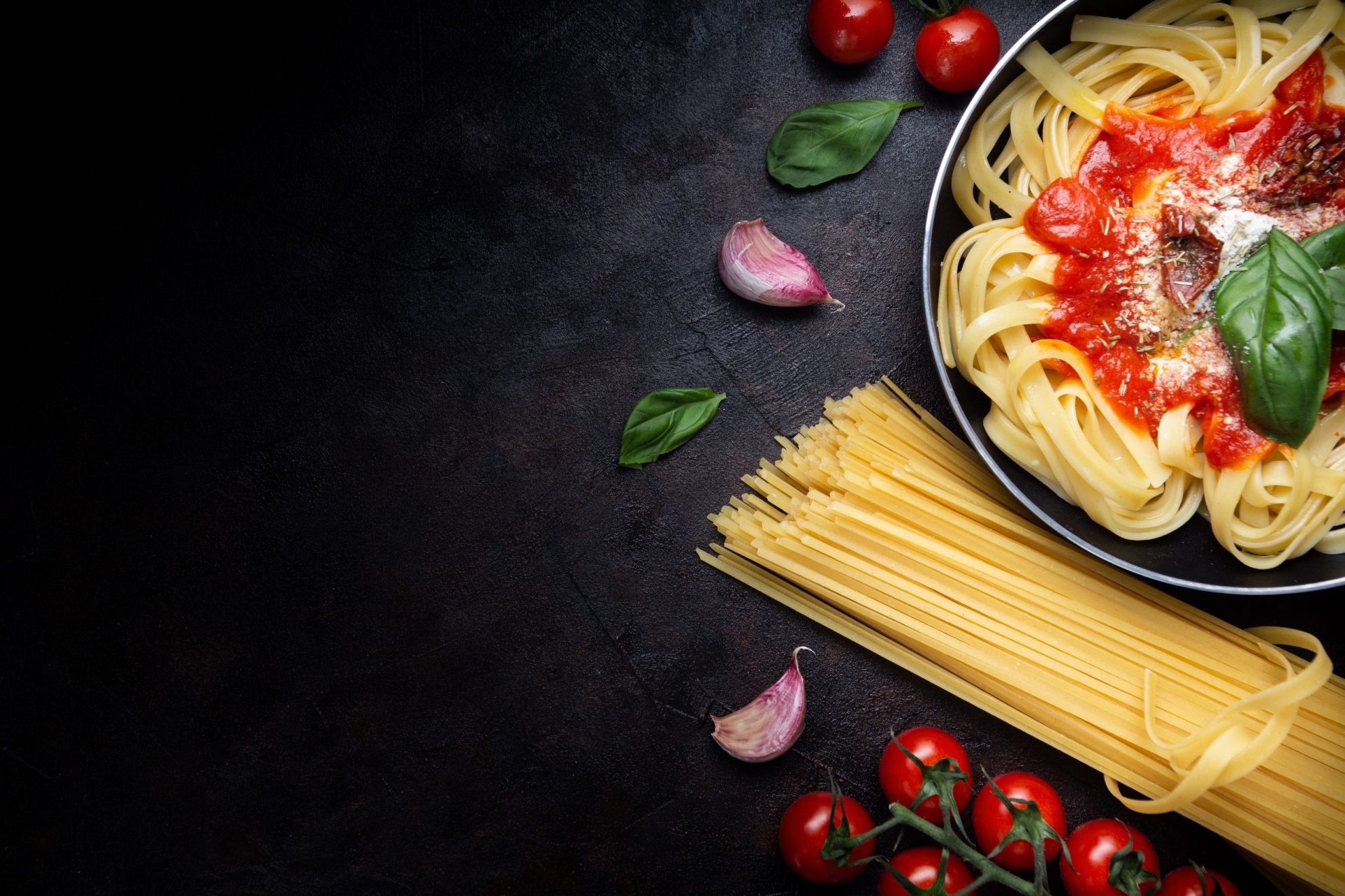 Pasta: Formed into various shapes and either dried or cooked fresh. 1980x1320 HD Background.