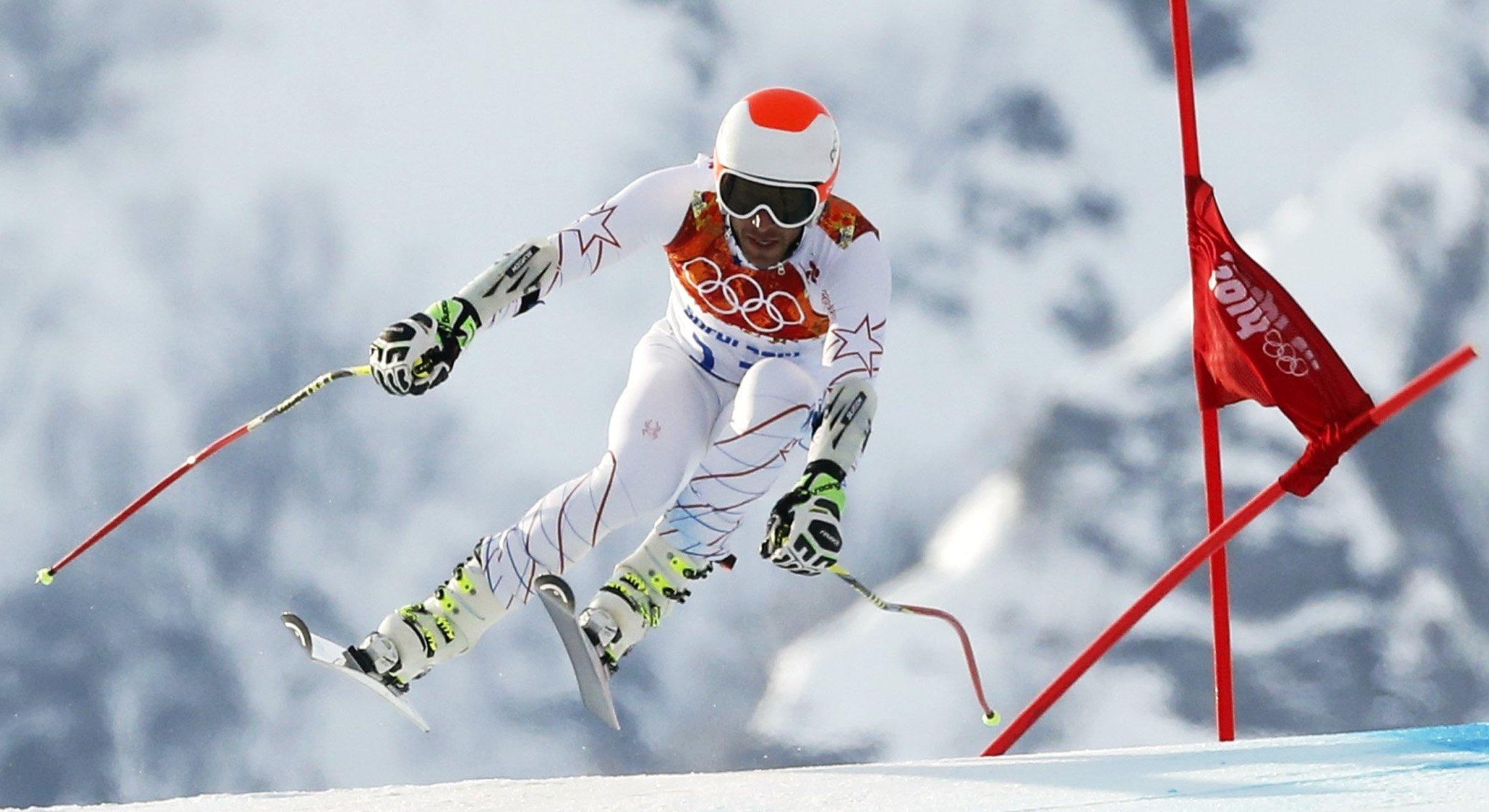 Alpine Skiing: Sochi 2014 Olympic Winter Games, Bode Miller, Downhill between obstacles. 2200x1200 HD Wallpaper.