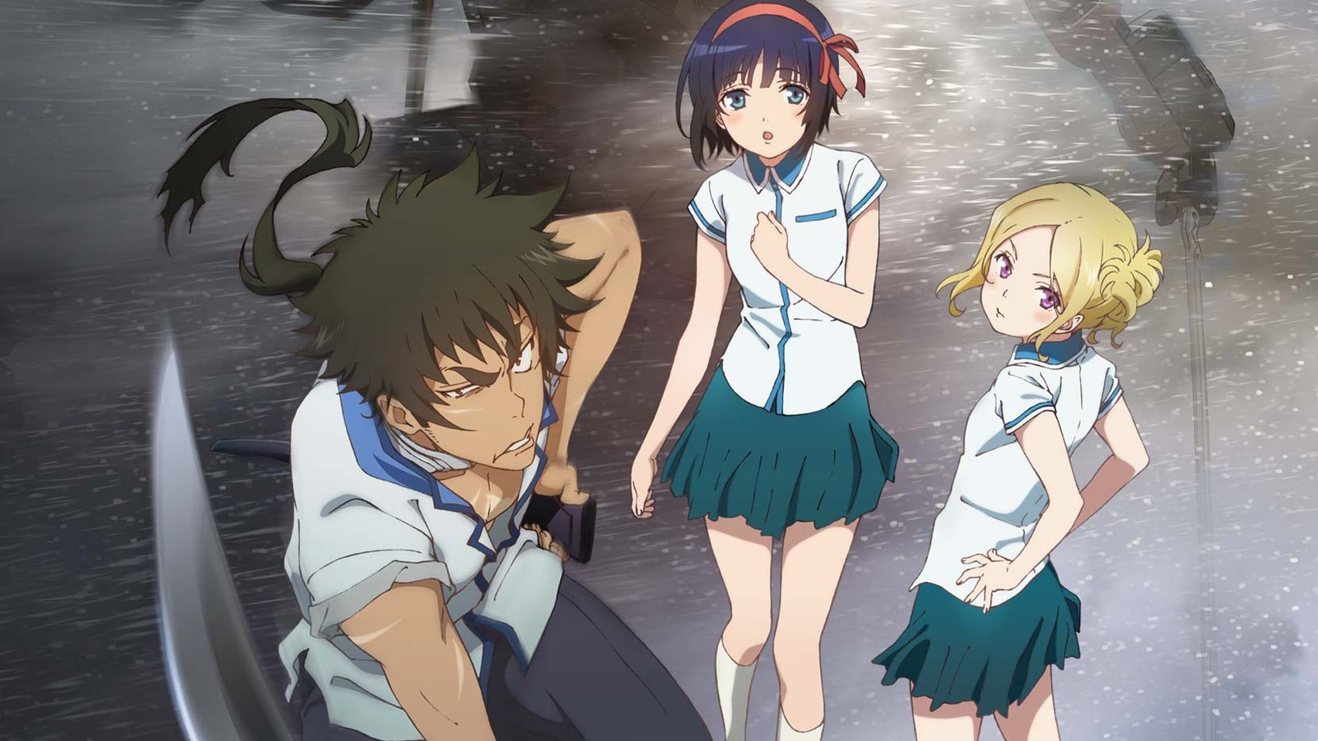 Kuromukuro (Anime): Kennosuke Tokisada Ouma, Yukina Shirahane and Sophie Noel. 1920x1080 Full HD Background.