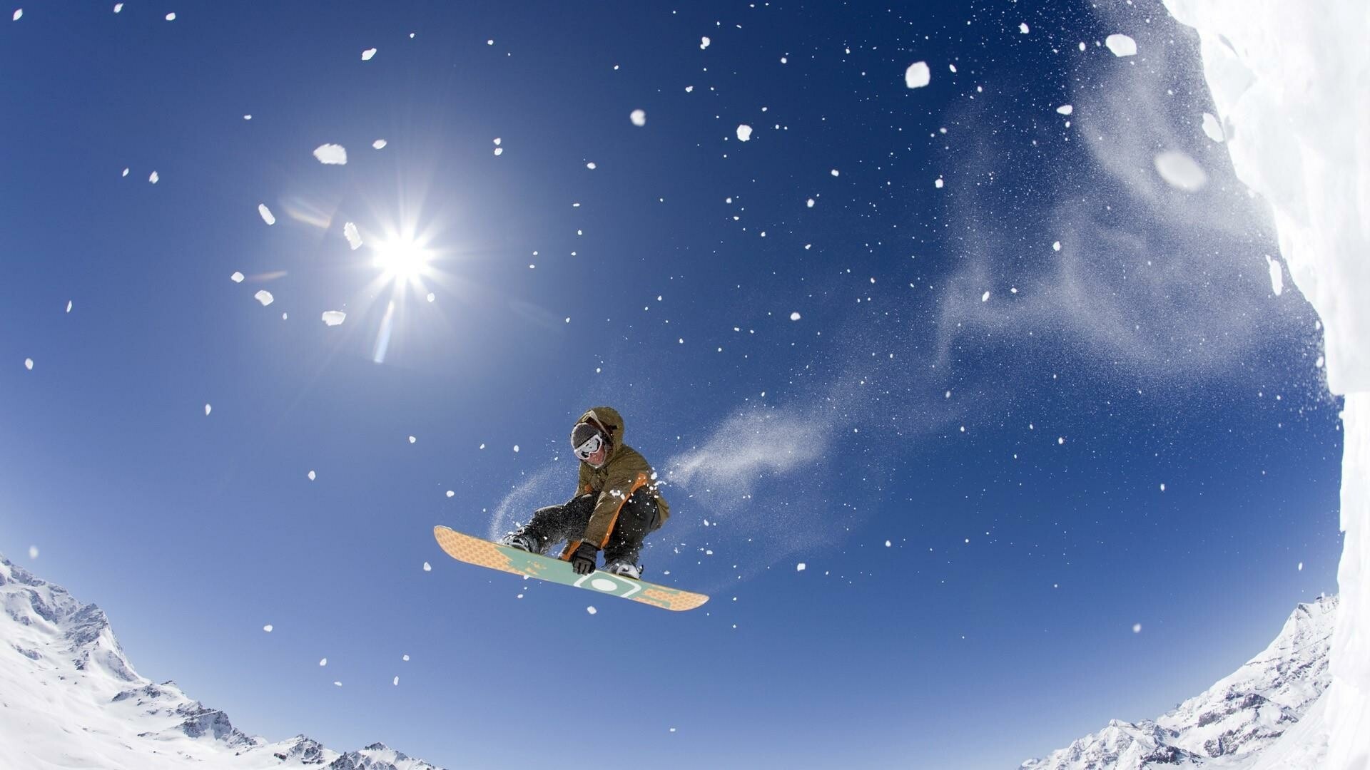 Snowboarding: Big air winter sport discipline, Extreme aerial tricks and acrobatics performance. 1920x1080 Full HD Wallpaper.