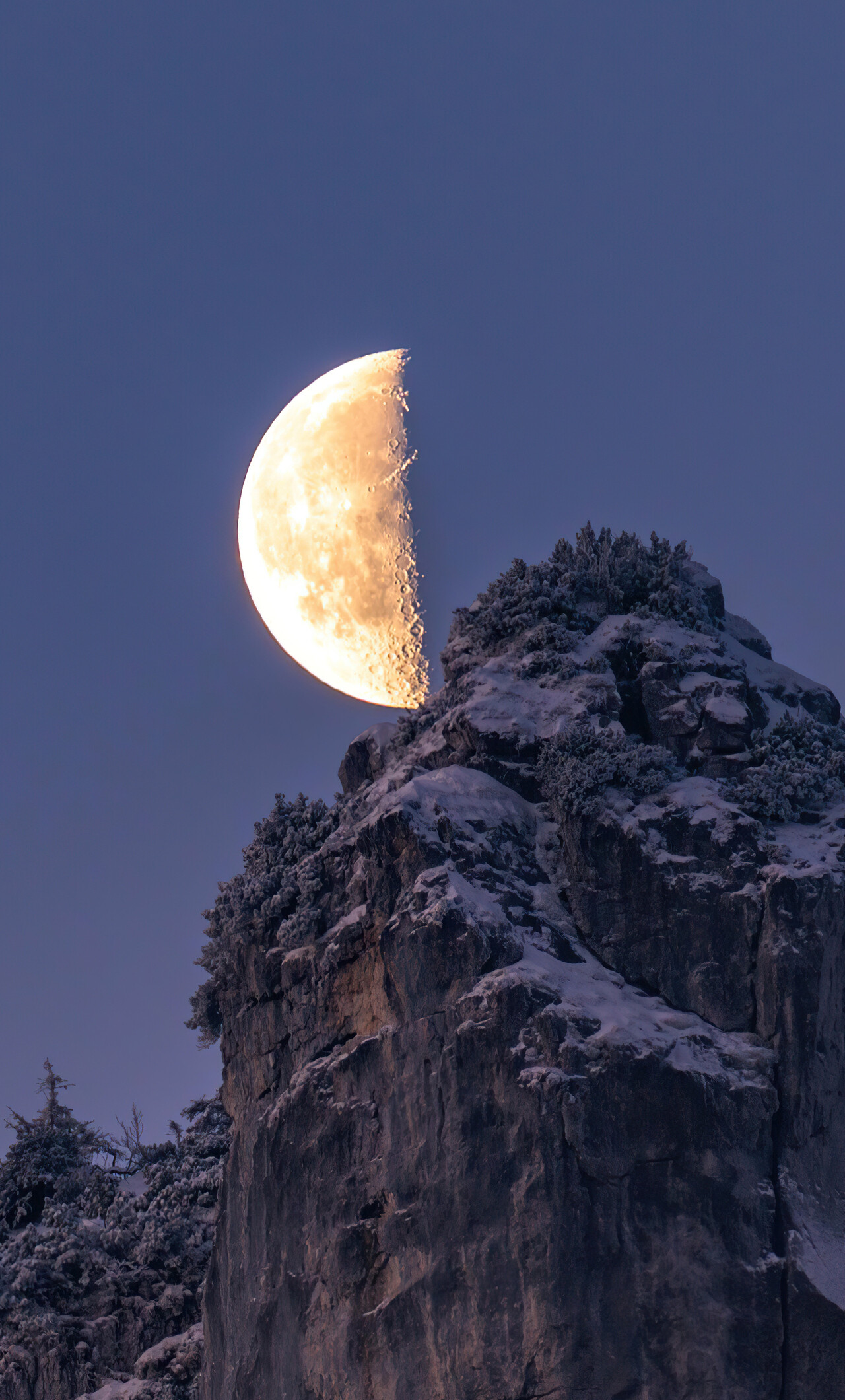 Moonlight: Last Quarter, The Moon looks like it’s half illuminated from the perspective of Earth, The Bavarian Alps. 1280x2120 HD Wallpaper.