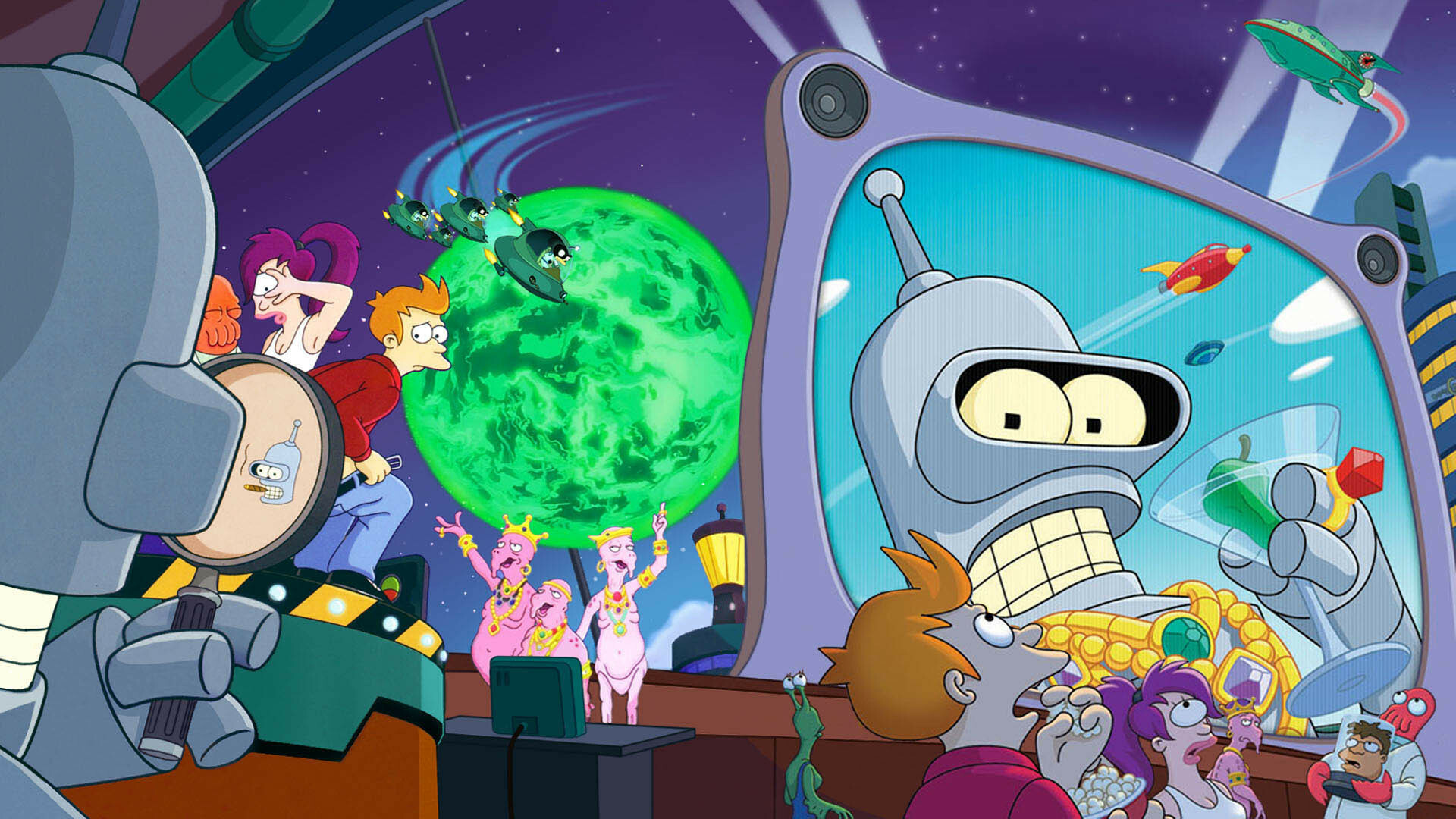 Futurama: An animated comedy series that follows Fry, a delivery boy who accidentally gets cryogenically frozen. 1920x1080 Full HD Wallpaper.